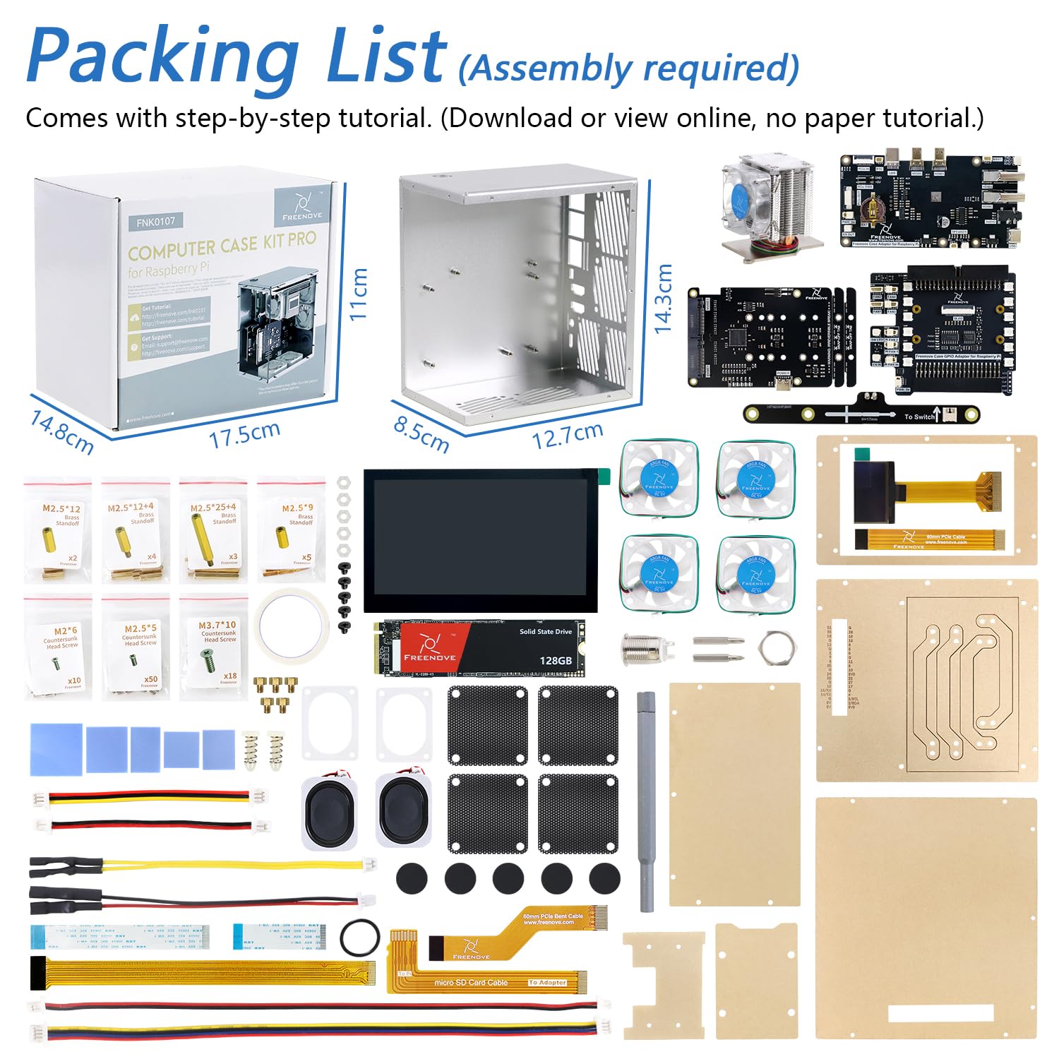 Freenove Raspberry Pi 5 NAS Case Kit (with 1x 128GB SSD), Quad M.2 NVMe SSD Slots, 5 PWM ARGB Fans Light Sync, CPU Tower Cooler, 4.3" Touchscreen, Stereo Speakers, 3.5 mm Audio