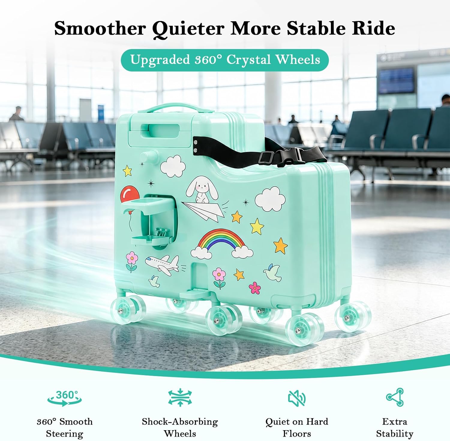 Ride On Suitcase for Kids, Kids Ride On Luggage with Wheels, Hard Shell Kids Suitcase with TSA Lock, Foldable Pedal, Cup Holder, Safety Belt & 6 Spinner Wheels, Toddler Carry On Luggage, Green