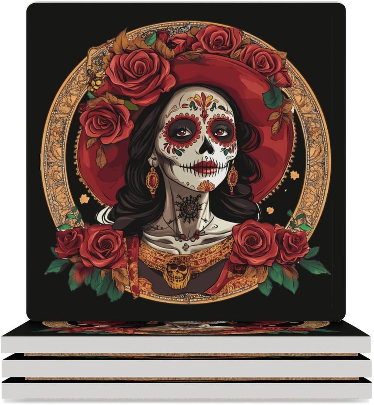 Day of The Dead Rose Skull Goth Ceramic Coasters Square Drinks Coaster Coffee Table Decor Table Coaster for Home Bar