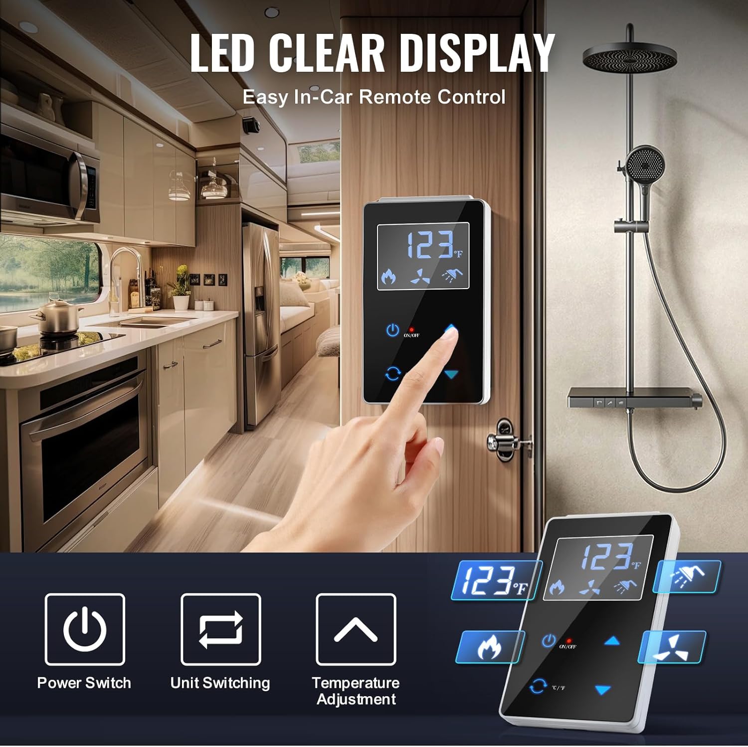 Happybuy RV Tankless Water Heater, Instant Shower with 15 x 15 Inches White Door & Remote Controller, 65,000 BTU for Optimized Comfort & Hot Water Performance, Ideal for Family Use in RVs
