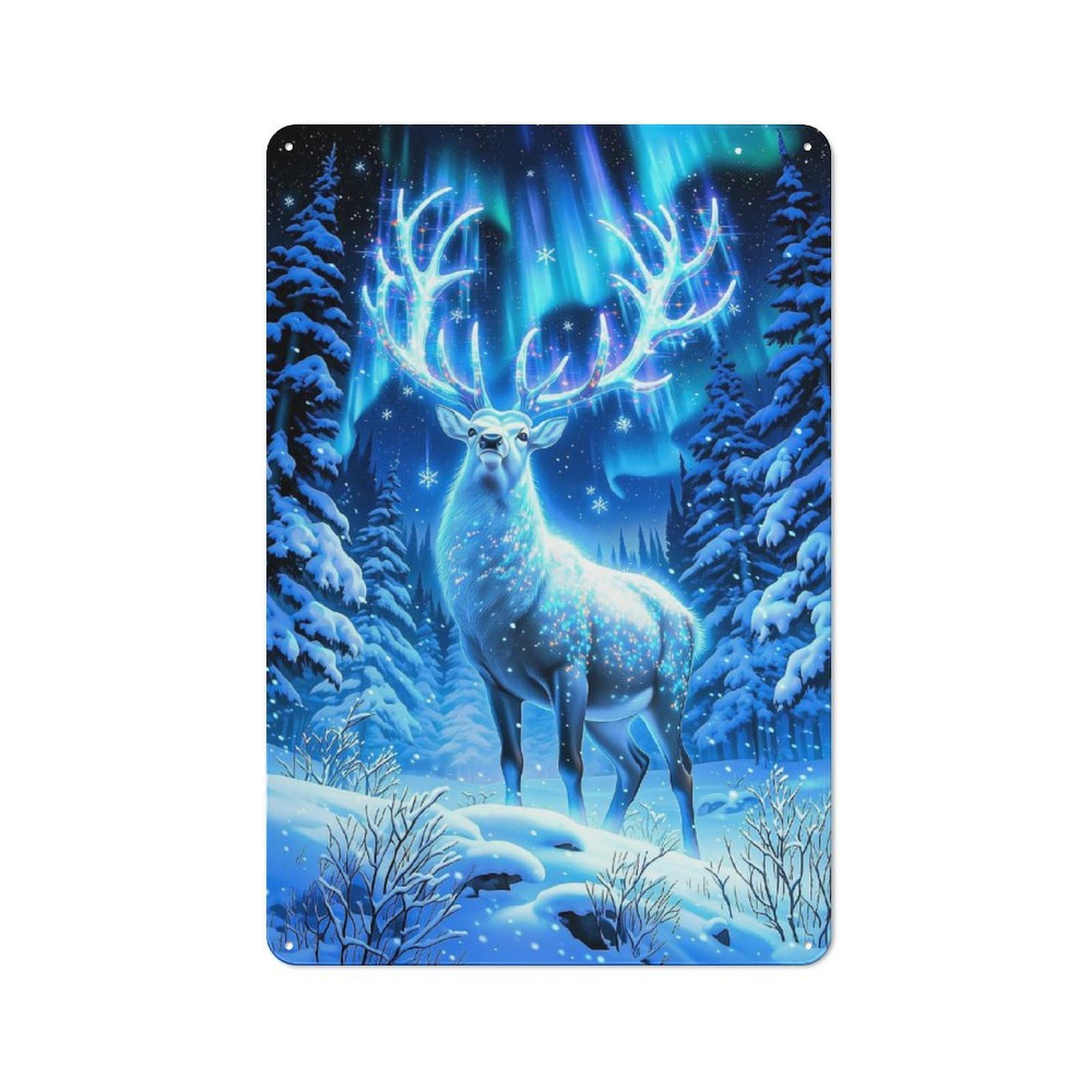 Magical Reindeer Under Aurora Borealis Classic Metal Wall Decor 30x20cm, Office Metal Sign for Workspace, Cafe, Shop Or Desk Area
