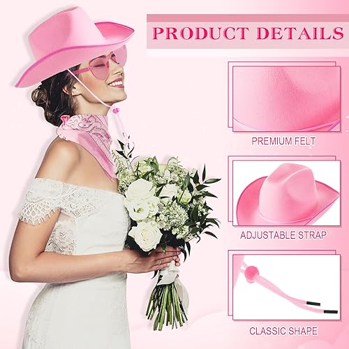 Miniatura 3 de 12 sombreros de vaquero con bandana para Halloween, cosplay, disfraz de vaquera, sombrero para boda, novia, dama de honor, hombres y mujeres, rosa,