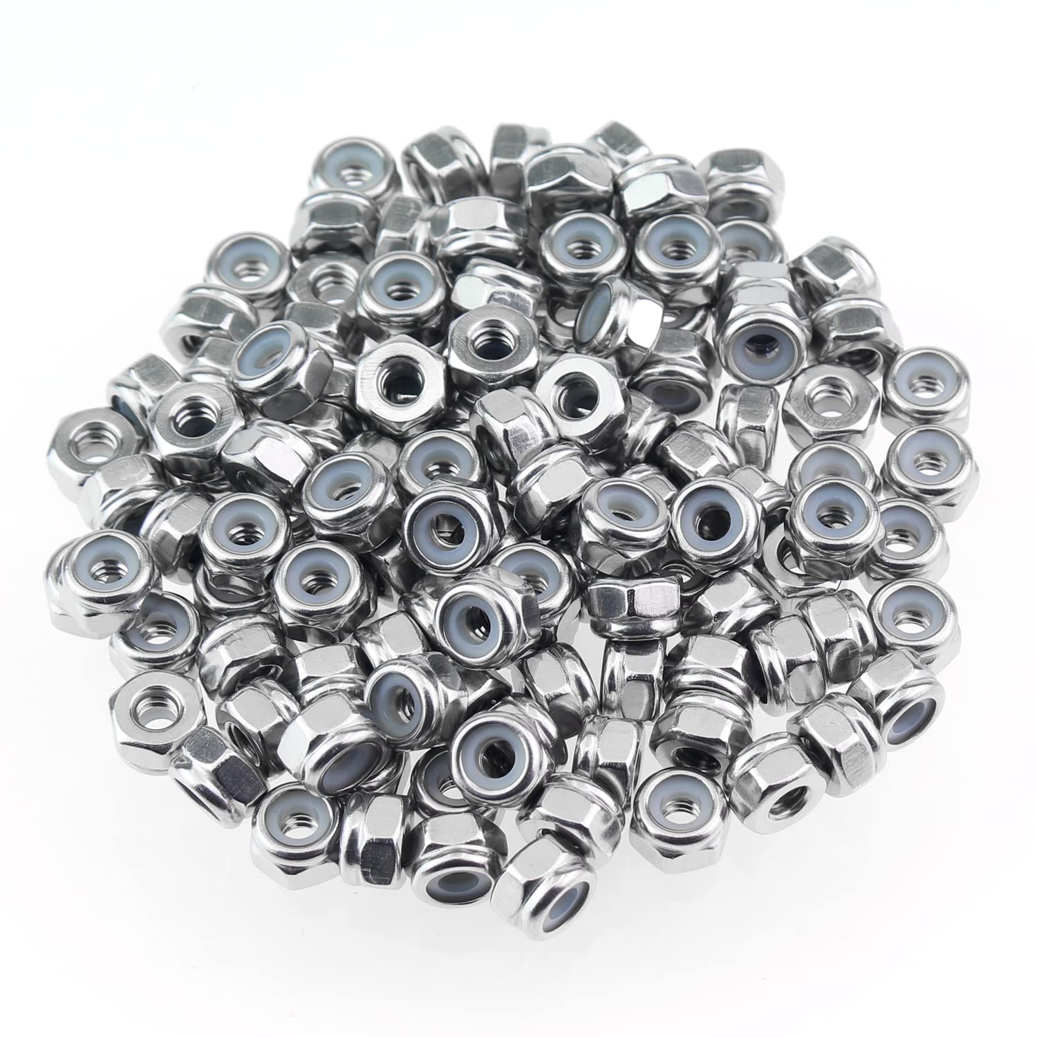 HELIFOUNER 50 Pieces #10-24 Nylon Insert Hex Lock Nuts, 304 Stainless Steel (18-8) Locknuts, Bright Finish, Coarse Thread