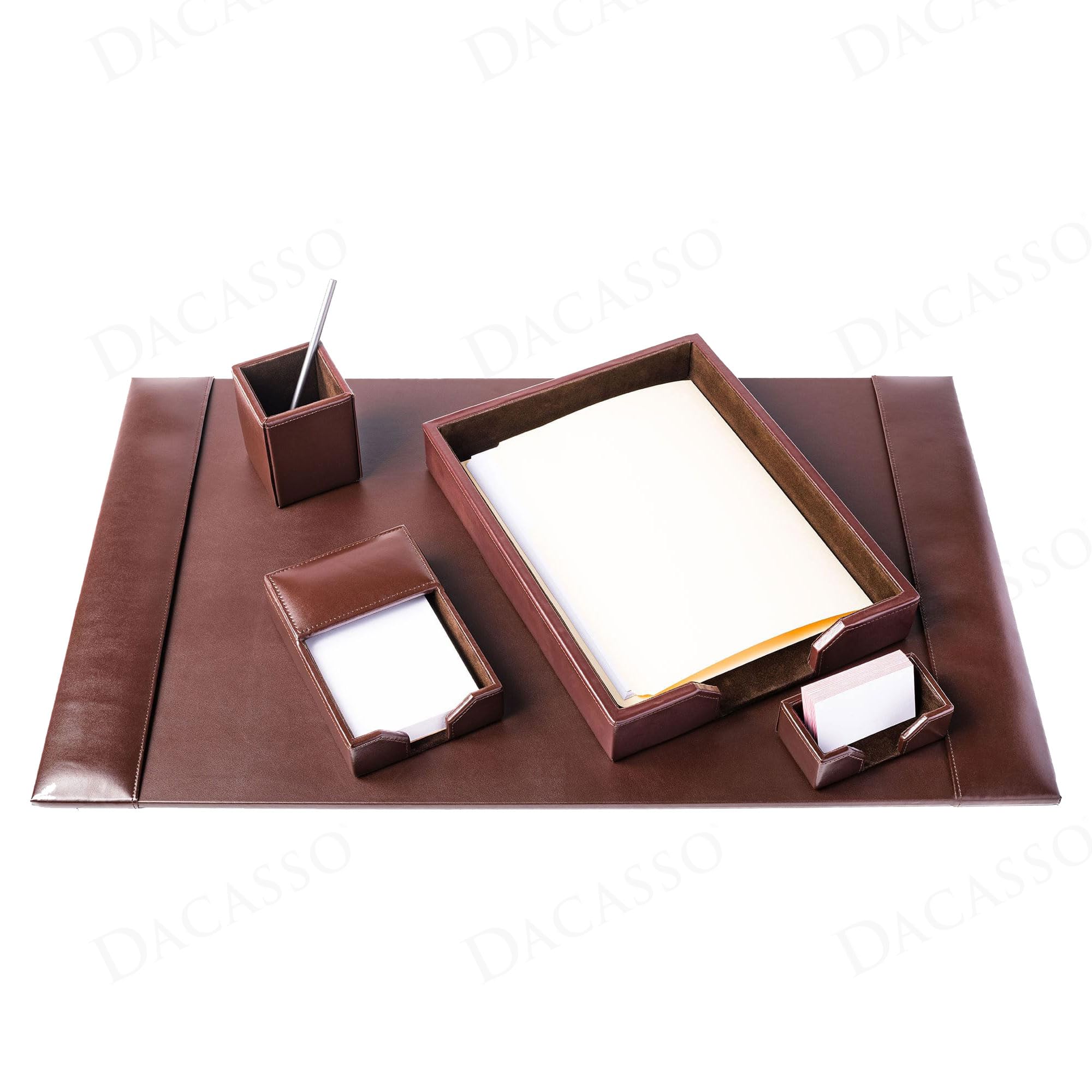 DACASSO Schreibtisch-Set aus Lederfaserstoff, luxuriöse Schreibtischunterlage und Schreibtisch-Organisations-Essentials – Büroorganisation & Chefschreibtischdekoration – (Dunkelbraun, 5-teilig)