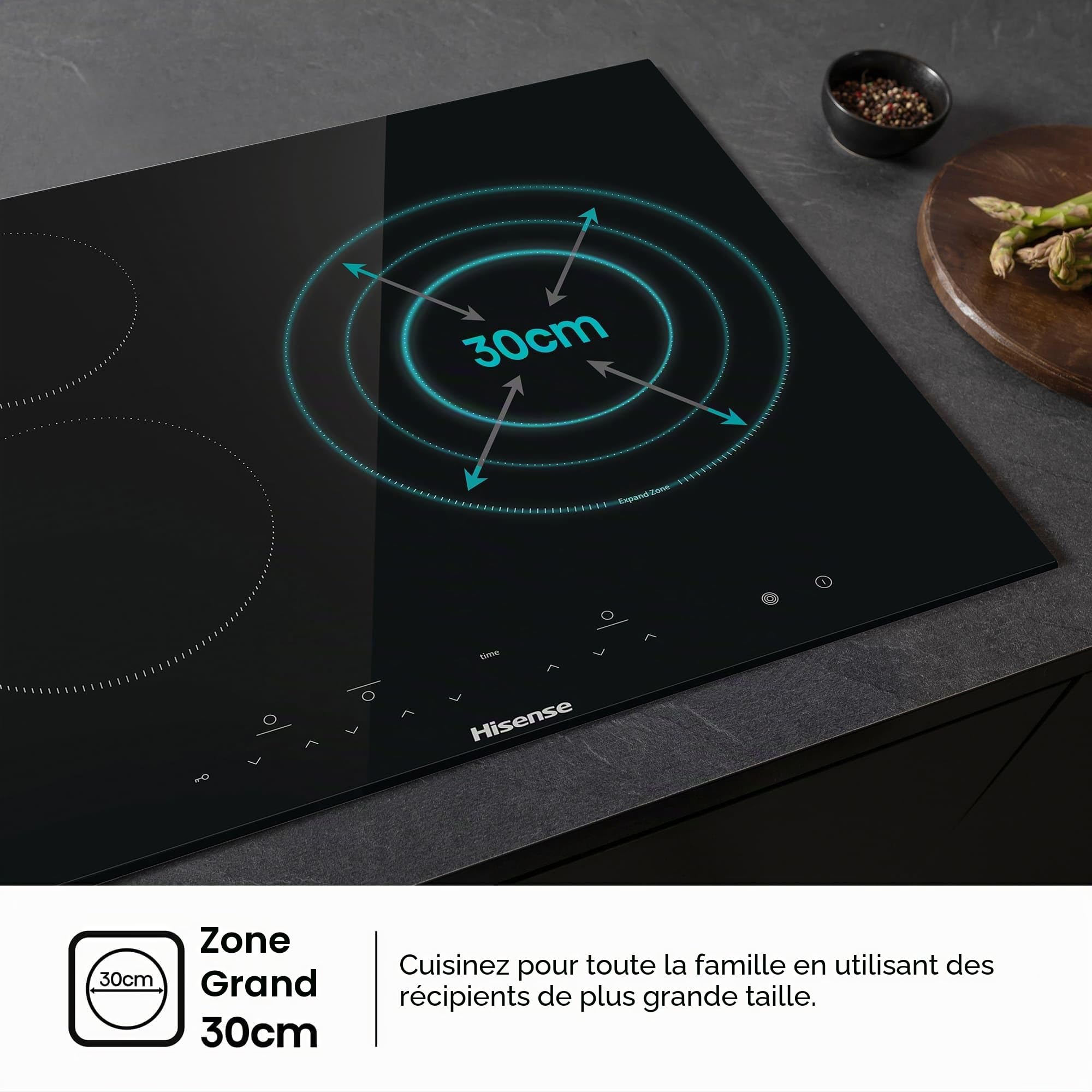 Hisense E6332BSCE Plaque vitrocéramique 3 zones, grande surface 30 cm, largeur 60 cm, contrôle tactile, verrouillage enfant, minuterie intégrée, résistante aux rayures, nettoyage facile, bords