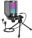 Fifine USB Microphone de jeu pour ordinateur PC PS5, RGB Mic de condenseur avec Mute rapide, contrôle de gain, trépied, filtre à pop, montage de choc, pour la commutation de discorde en continu YouTube Videos-A6V