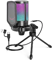 FIFINE Microfone USB Para Jogos Para PS5 PC, Microfone Condensador Com Mudo Rápido, Indicador RGB, Suporte De Tripé, Pop Filter, Suporte De Choque, Controle De Ganho Para Twitch Podcasts -A6V