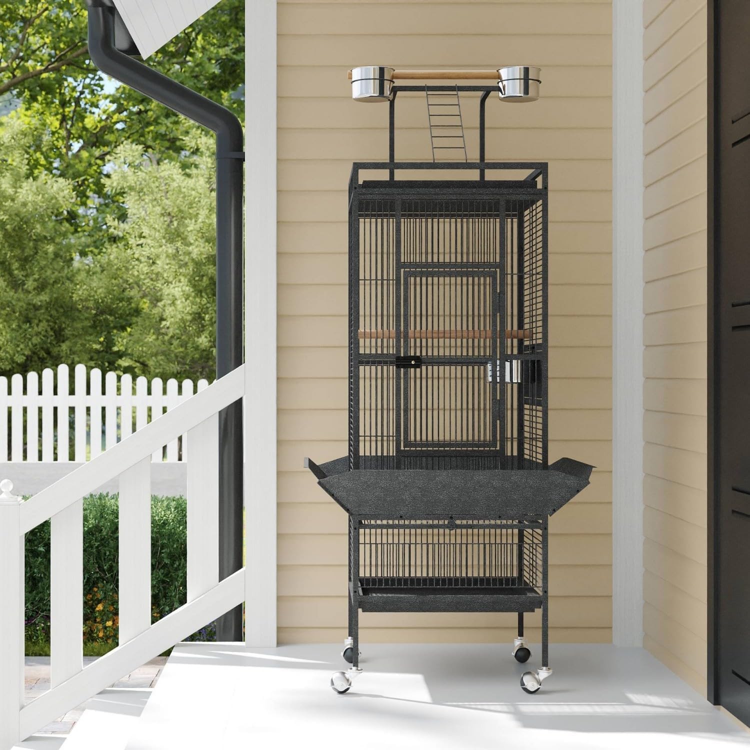 61" Large Parrot Cage, Rolling Caster Wheels, Large Bird Cage for Small Medium Parrots, Macaws, Cockatoos Sun Parakeet Green Cheek Conure Dove Lovebird Budgie Play Top with Stand