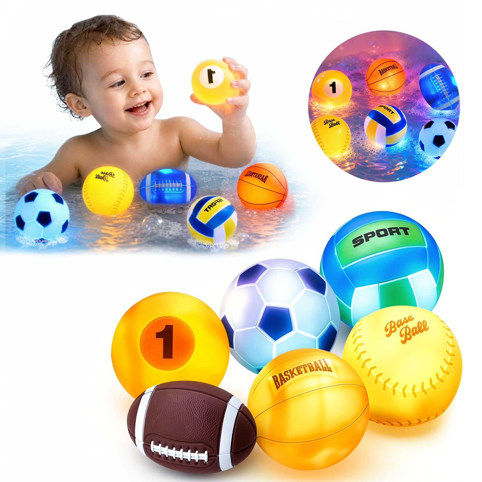 QASUN Light Up Baby Bath Toys for 1 2 3 Year Old,Toys for 1 2 Year Old Boy Girl,1 2 Year Old Girl Boy Gifts,Bath Toys for 1 Year Old,Toddler Bath Toys,Baby Bath Toys Mould Free Bath Toys,Kids Bath Toy