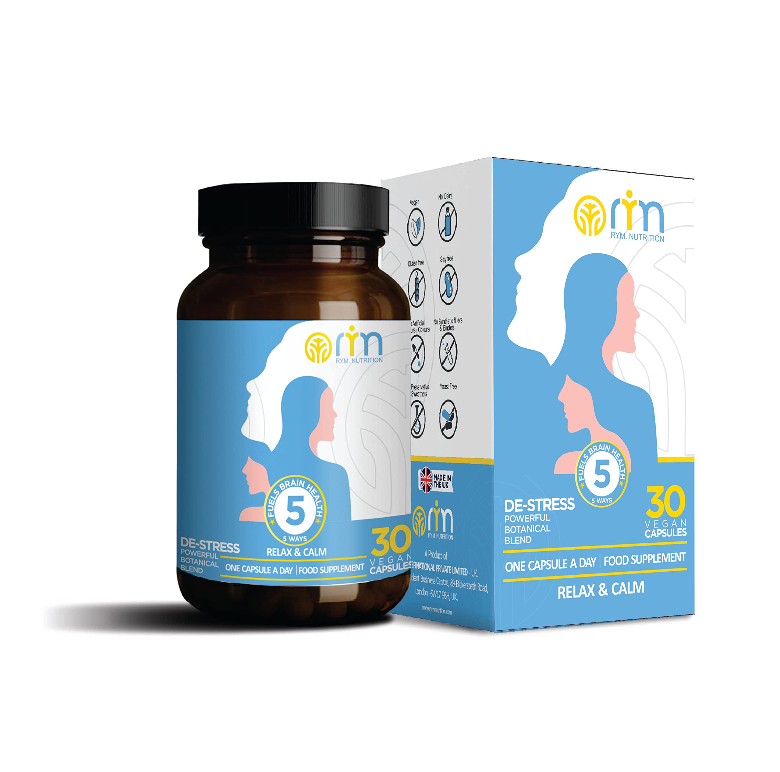 R.YM Nutrition - Ashwagandha KSM 66 - Adaptogen Supplement for Stress, Energy and Anxiety Relief - with L-Theanine, Essential B Vitamins and Reishi Mushroom - 30 Days Supply - Made in The UK