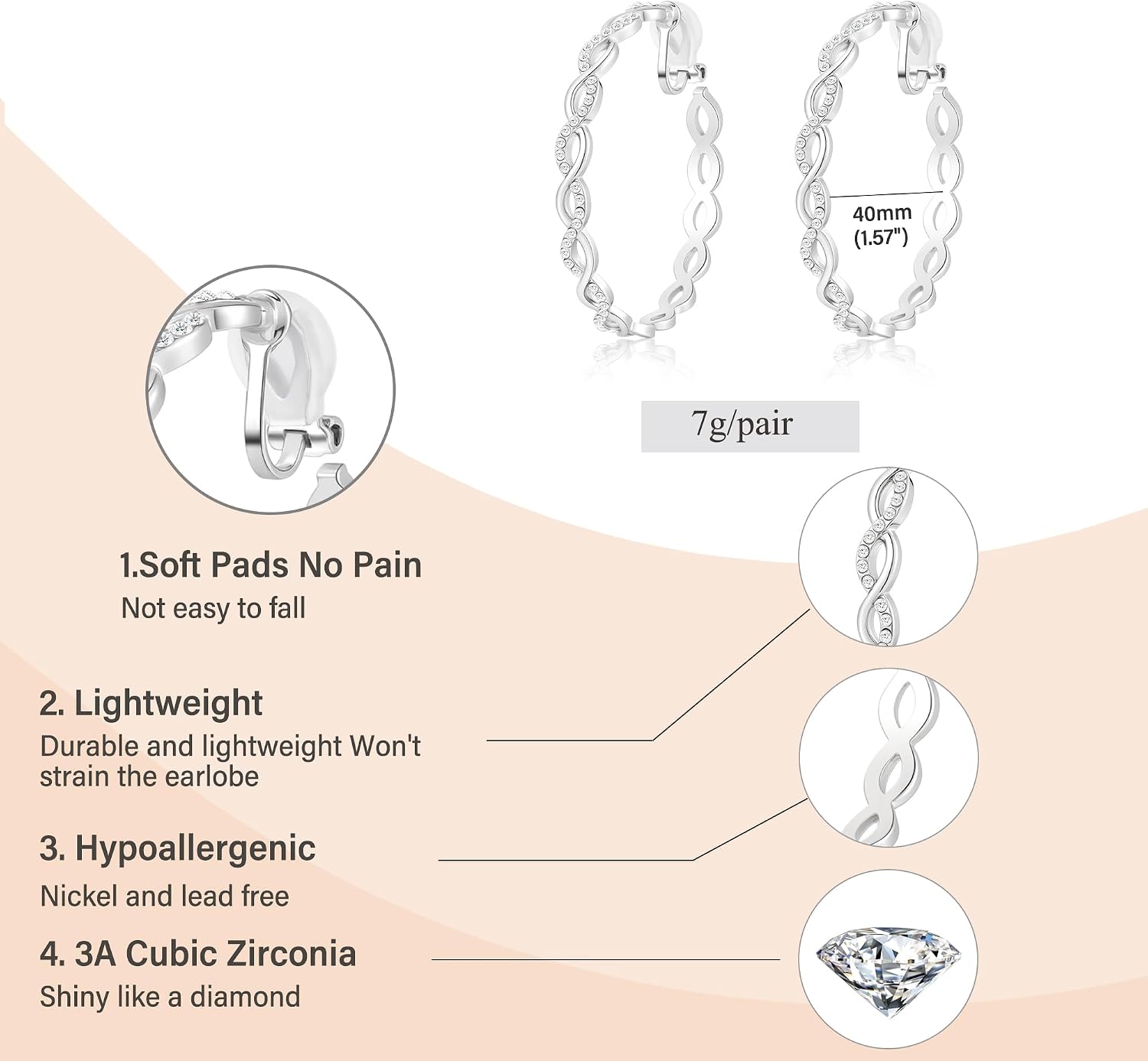 Clip On Hoop Earrings for Women Lightweight - Silver Twisted Clip-on Hoop Earings With Cubic Zirconia Fake Non Pierced Ears Jewelry