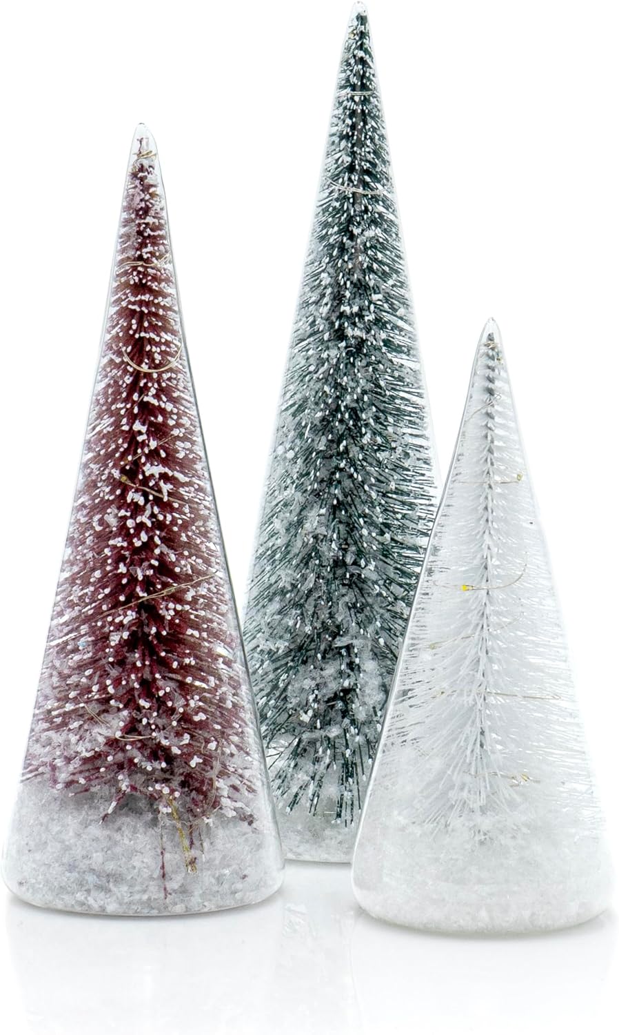 Red Co. Set of 3 (10”, 9”, 7”) Clear Glass Light-Up Decorative Tabletop Christmas Tree Holiday Figurine with LED Lights, Tinsel & Snow
