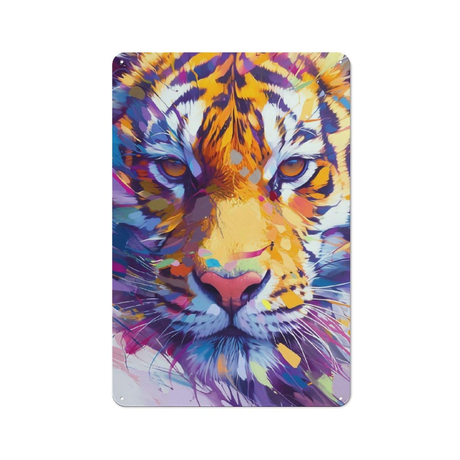 Junmoney Style-2 Metal Wall Sign 30X20cm Featuring Colorful Tiger Portrait For Hallway Wall, For Hallway Decor Lovers, For Retro Home Interiors