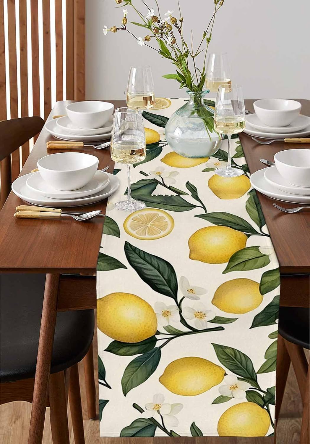Watercolor Lemon Farm Wildflower Table Runners 18x72 Inches Long Linen Burlap Table Runner, Summer Gradient Leaves Table Cover Dresser Scarf for Kitchen Dining Holiday Party Wedding Gathering
