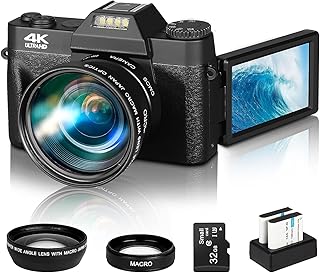 Vlogging Camera, Acoletty 4K 48MP Digital Cameras for Photography, 16X Digital Zoom, YouTube Camera with Wide Angle & Macro Lens, 2 Batteries, 1 Charging Stand, 32GB SD Card, 3.0" 180° Flip Screen