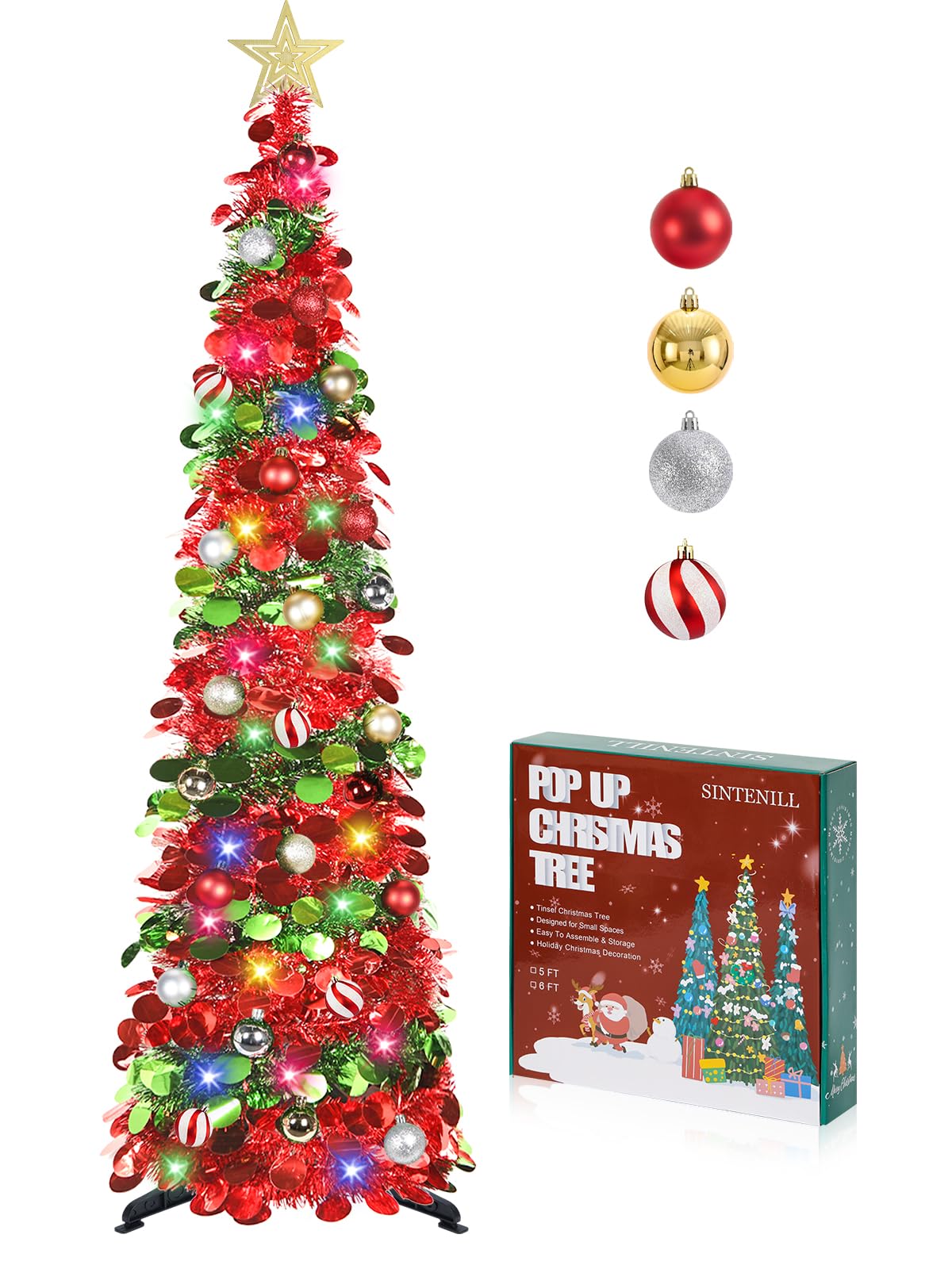 Árbol de Navidad desplegable de 5 pies con luces de temporizador y decoraciones, árbol de Navidad de oropel rojo y verde con 24 adornos de bolas, árbol de Navidad plegable para el hogar,