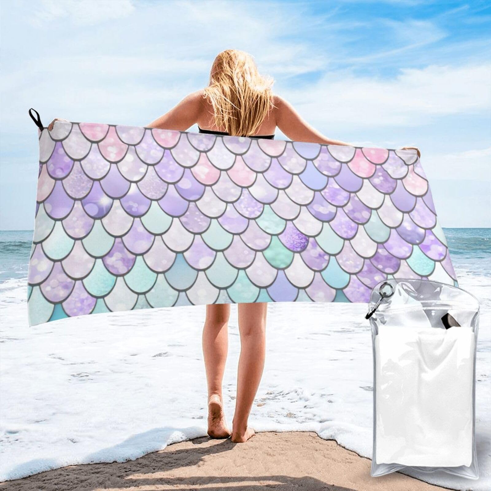 AYYQWE Mermaid Pastel Pink Purple Aqua Tea Print Lightweight Towel For Men Women Travel Beach Camping Hiking Yoga Swimming Sports