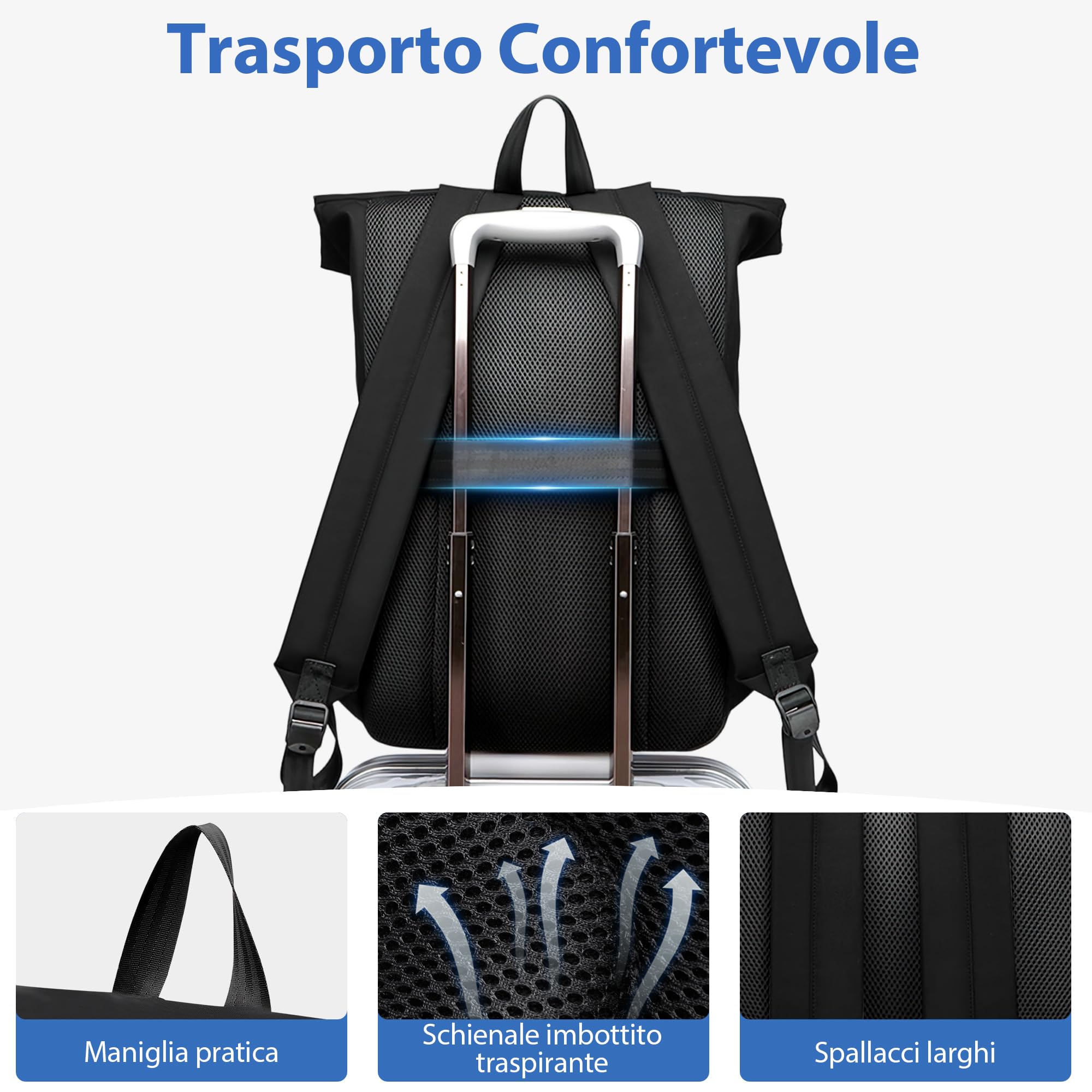 Zaino Elegante Grande per Uomo - 15.6 Pollici Computer Portatile con Cinghia Posteriore - Impermeabile per Ufficio, Viaggio, Campeggio, Lavoro, Escursionismo, Quotidiano - Nero