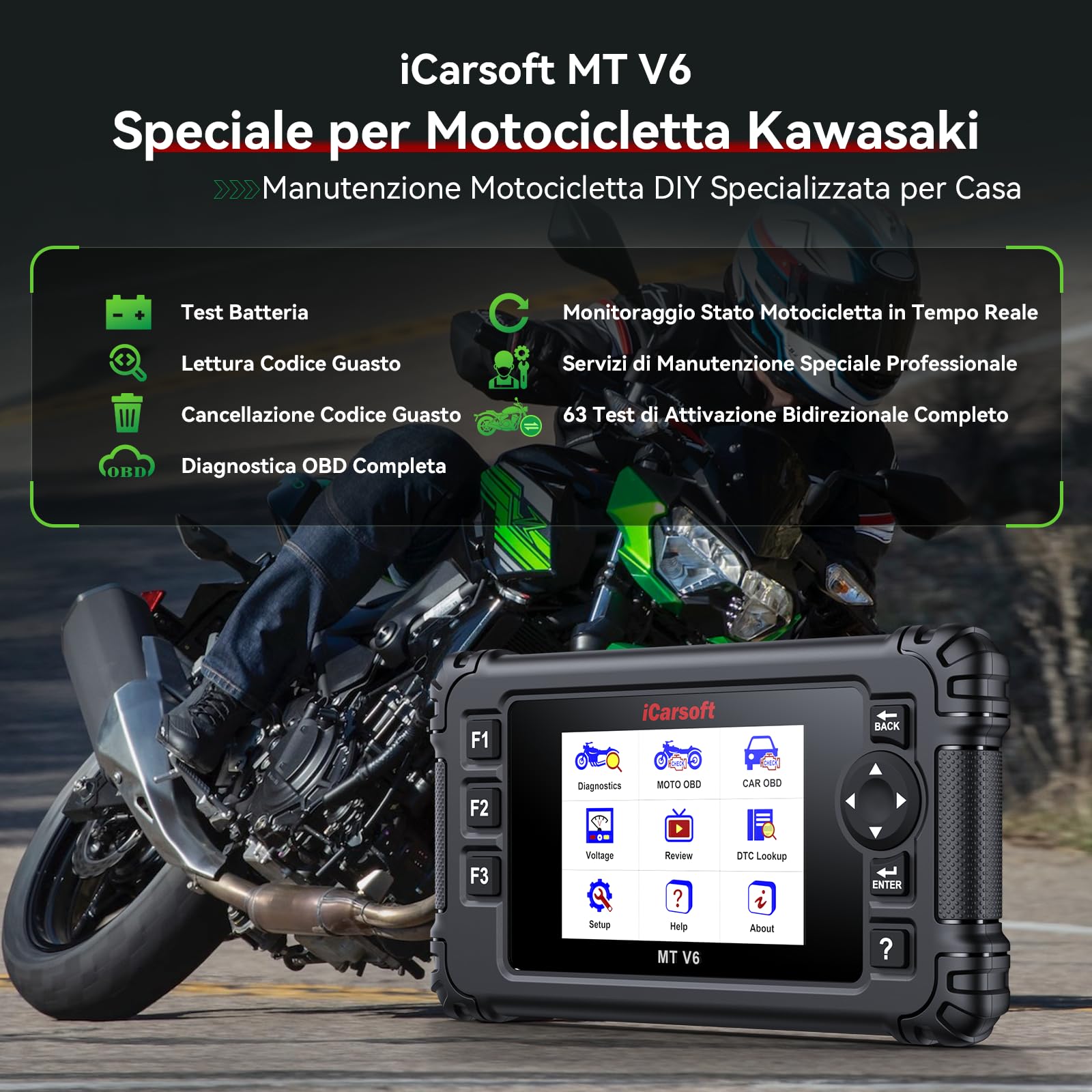 Motorrad Diagnosegerät für Kawasaki, iCarsoft MT V6 Motorrad Alle System Scan Werkzeuge mit Alle Aktuationstests, Sonderfunktionen, Batterietest, Lesen/Löschen von Fehlercodes