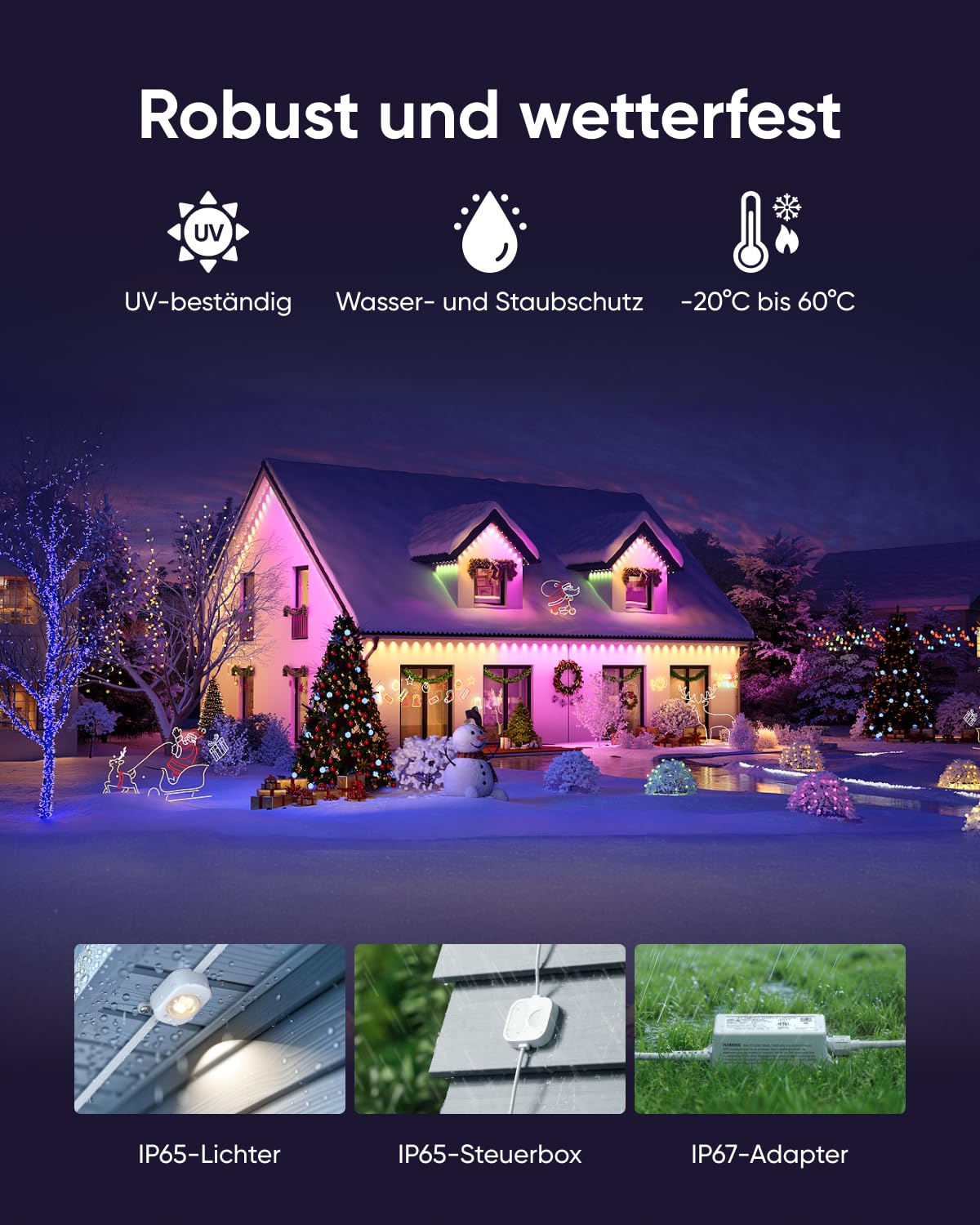 eufy Permanent Outdoor Light E22, 30m mit 60 Triple-LEDs, Smarte RGBWW-Lichter, Alltag & Festtage, bis zu IP67 Wasserdicht, KI-Beleuchtungsthemen für Weihnachten, Kamera-Kompatibel, App-Steuerung