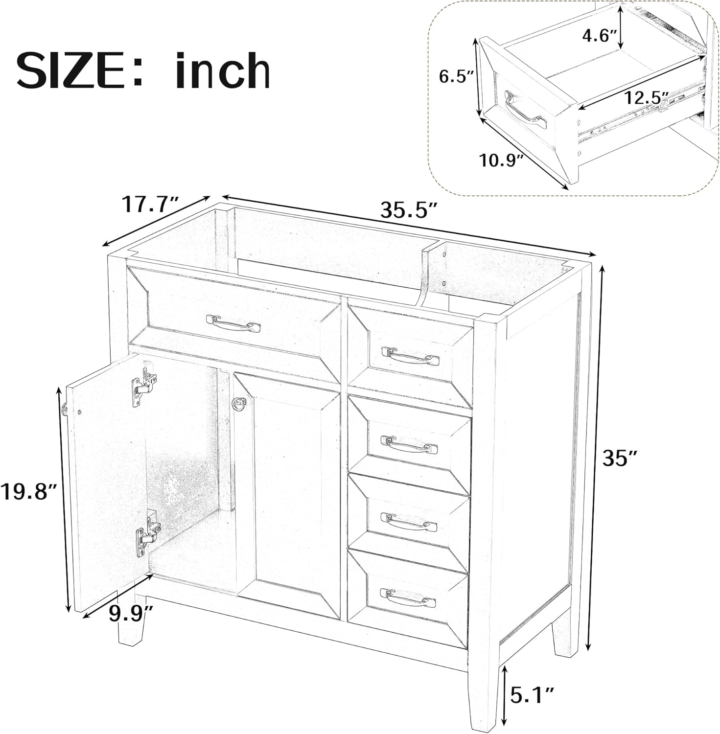 36" Bathroom Vanity Without Sink, Base Only,Solid Wood Cabinets Basin Vessel Set with 3 Drawers,Water, Stain Proof,Ample Enclosed Storage Spaces,Black