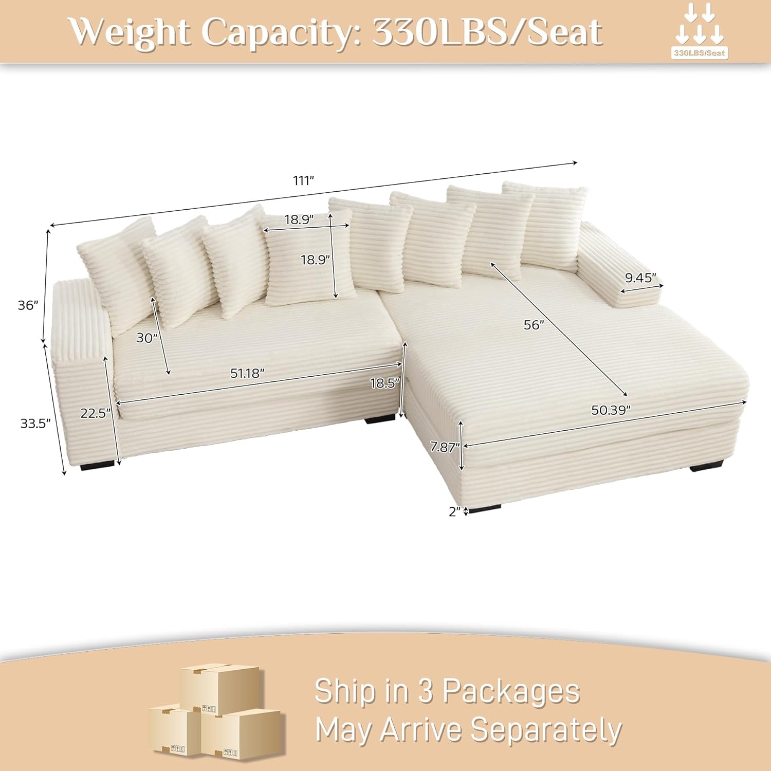 Comfy L Shaped Sectional Couches for Living Room, 111" Oversized Modular Sectional Sofa with Chaise, Modern Fluffy Plush Corduroy Couch Sctional Sofa 2 Piece (Right Facing, Beige)