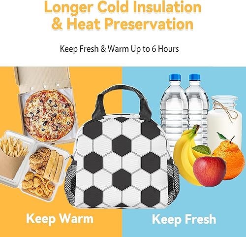 Miniatura 6 de Lonchera de fútbol para niños, lonchera aislada para niños, lindas bolsas de almuerzo portátiles blancas, pequeña bolsa de almuerzo reutilizable