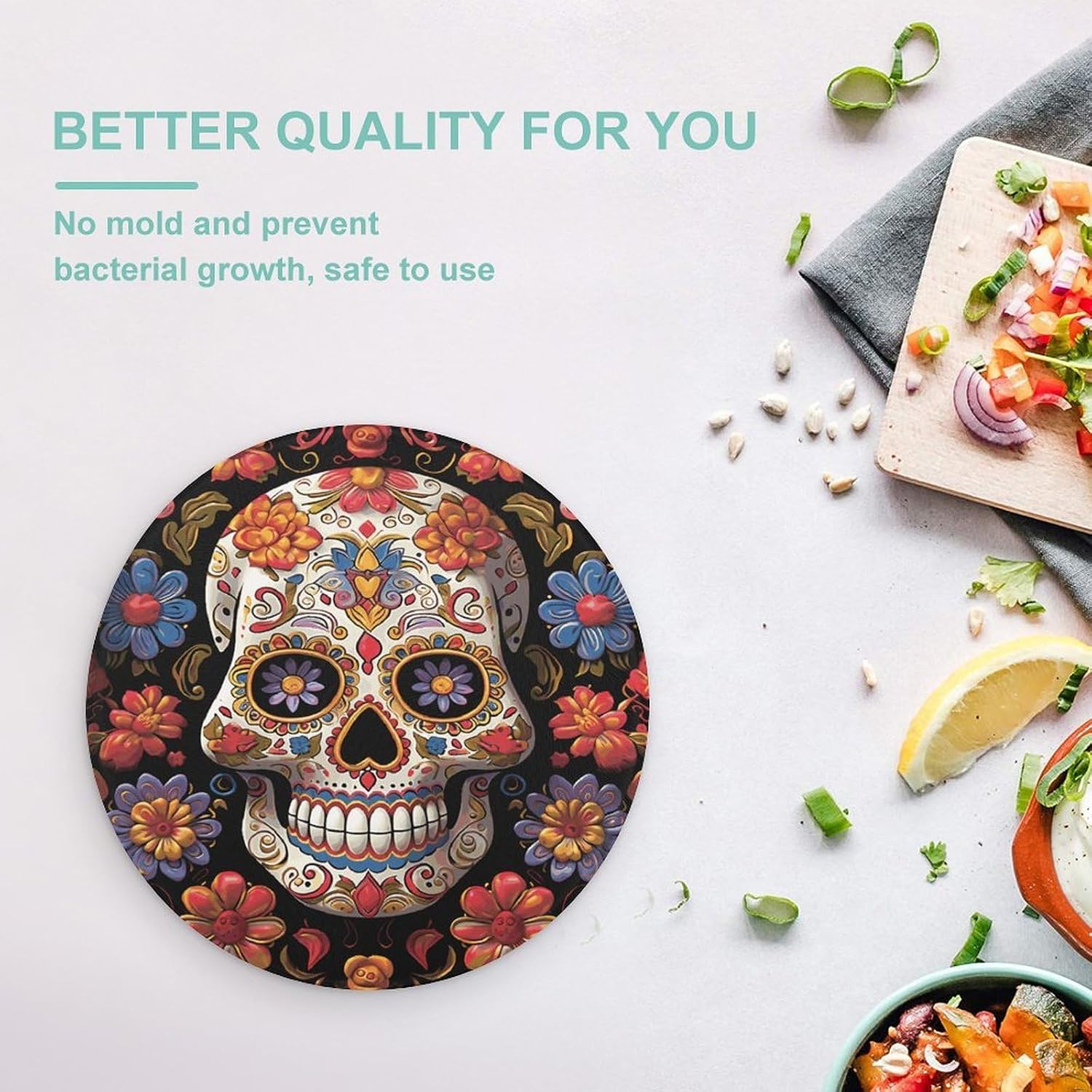 Sugar Skulls Cutting Board Portable Small Chopping Boards Tempered Glass Kitchen Counter Protector Non-Slip Round Charcuterie Boards Mat for Bar Cheese Board