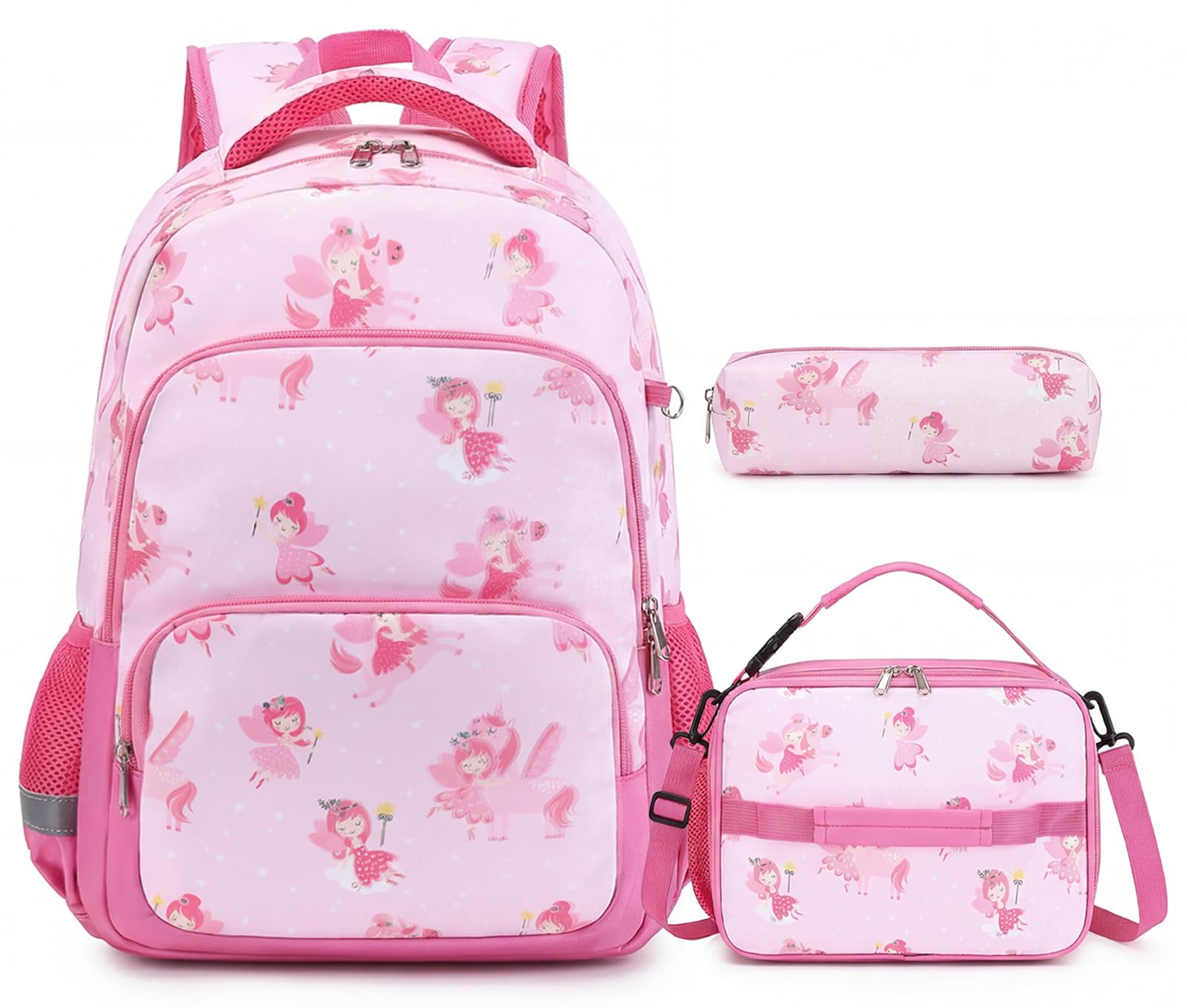 mygreen Kids Backpack Set, 3-in-1 School Backpack with Lunch Box & Pencil Case for Boys Girls, Lightweight Durable for Daycare, Picnic, Outdoor Travel Pink Fairy Elf
