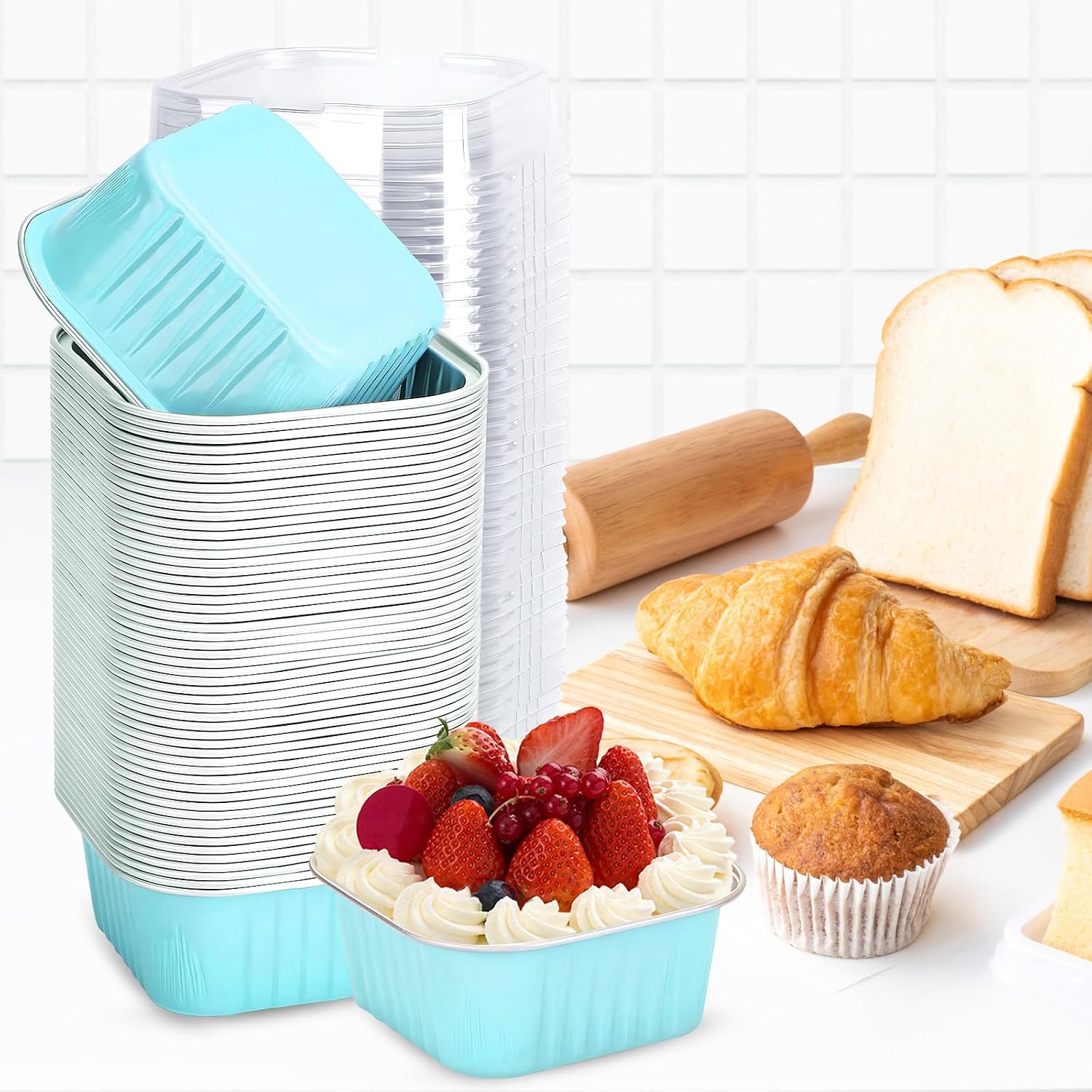 100Pack 5oz Blue Mini Cake Pans with Lids Baking Cups Aluminum Foil Pans Tins, Individual Dessert Cups Containers for Sales,Party,Picnics