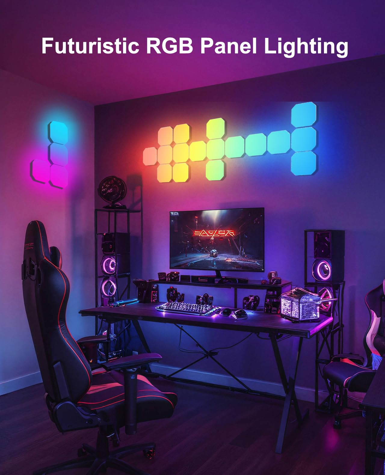 Hexagon LED Panel Wandleuchte, Smart RGBIC Gaming LED Wandpaneele Beleuchtung 12 DIY Quadrate Funktioniert mit Alexa und Google Assistant, Musik Sync App-Steuerung für Gaming Setup Wohnzimmer TV Deko