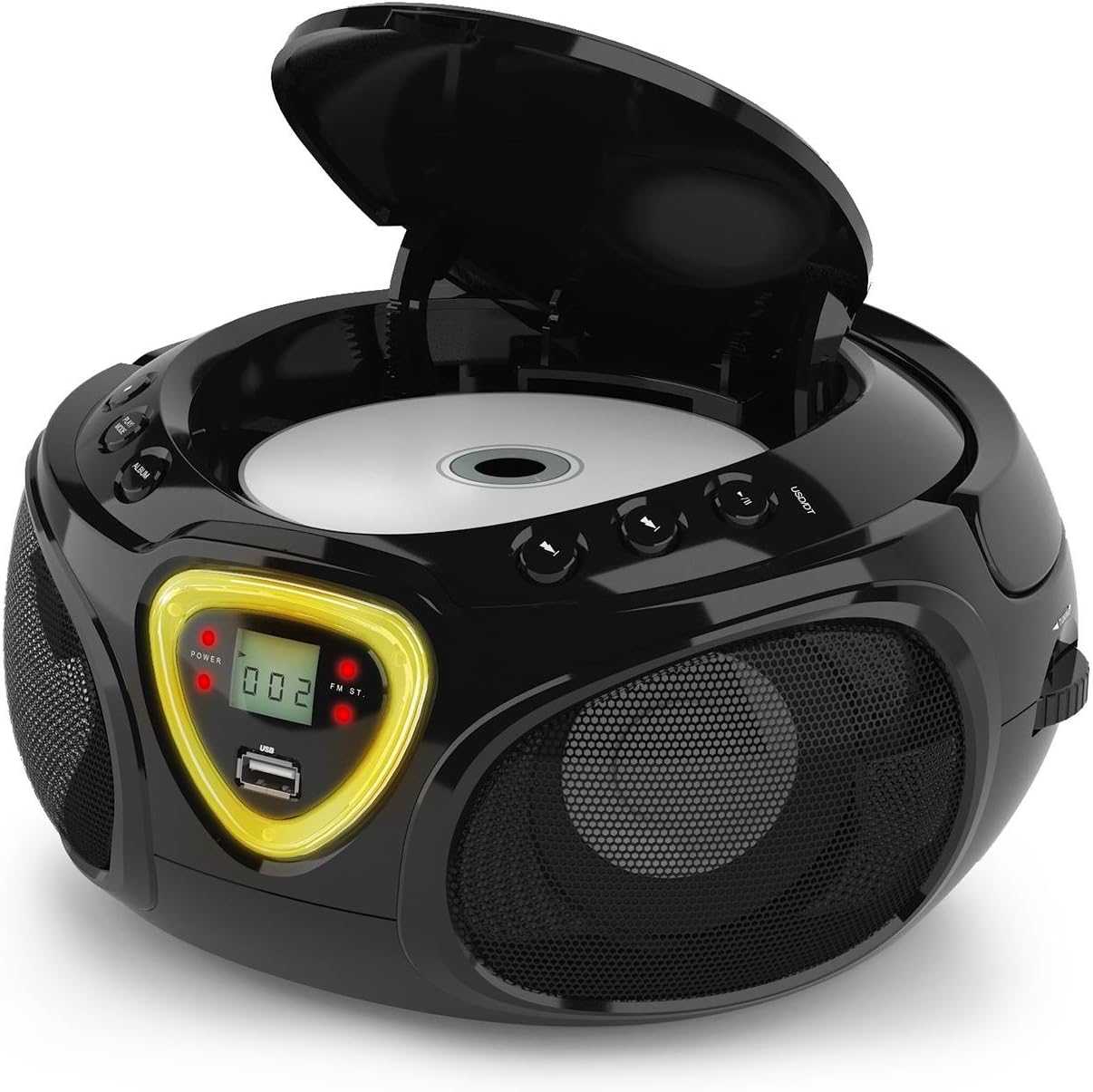 Зверху ўніз view of the AUNA Roadie KIDS Boombox with the CD compartment open, revealing the CD tray.