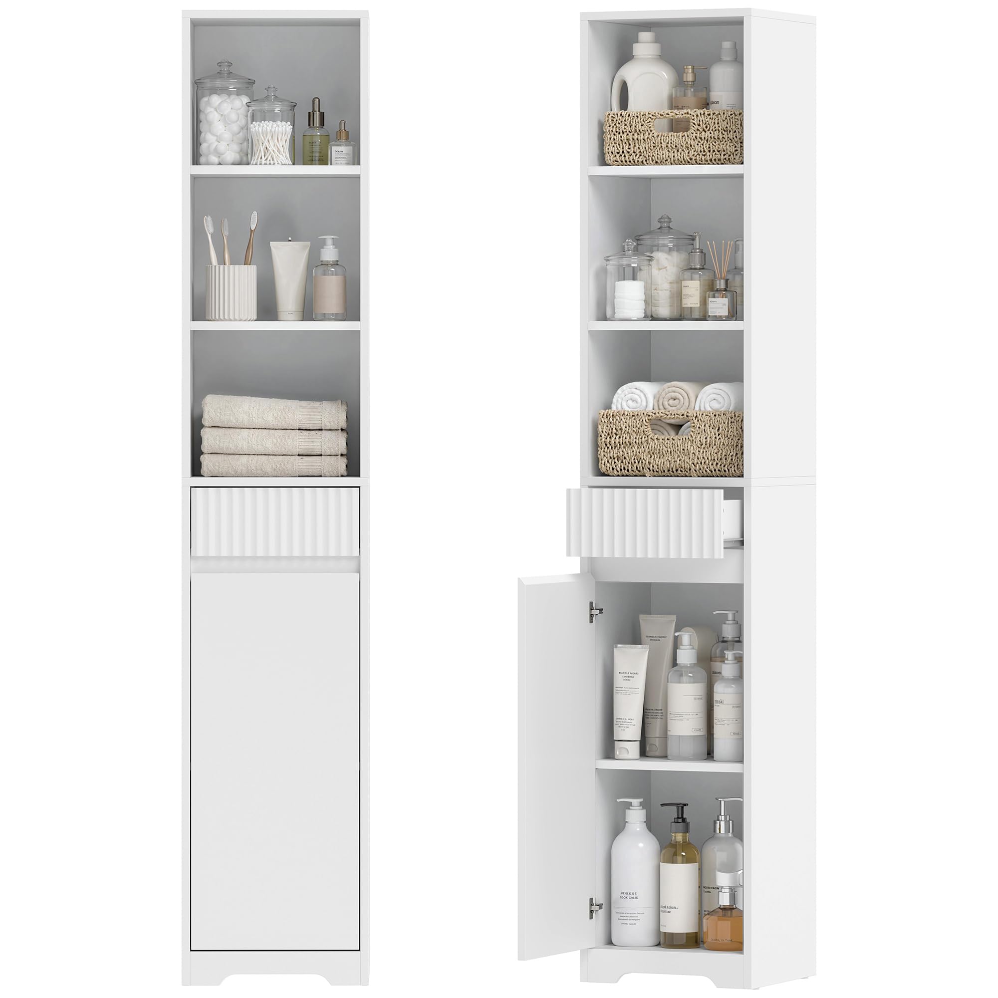 HOMCOM Mobile Bagno Alto 172cm, Armadio con Cassetto 33x30x172 cm Bianco | Mobiletto Bagno Salvaspazio, Ripiano Regolabile, Ante Soft Close, Scomparto Aperto, per Lavanderia