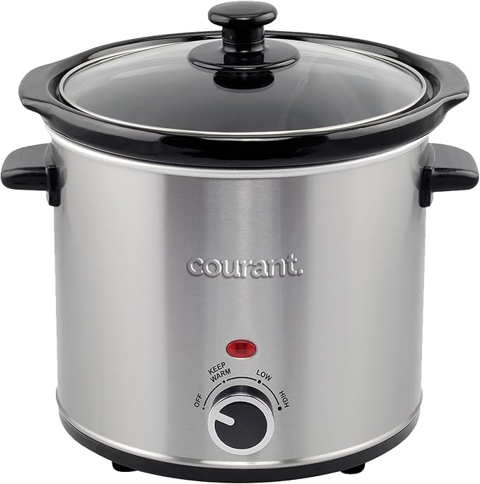 Courant 3.2 quart stainless steel slow cooker with black trim and glass lid