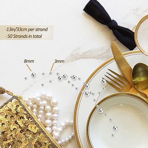 Miniatura 3 de 50 cuerdas de perlas plateadas de efecto flotante para velas flotantes, perlas de imitación de 13.5 pulgadas para relleno de jarrón, decoración de