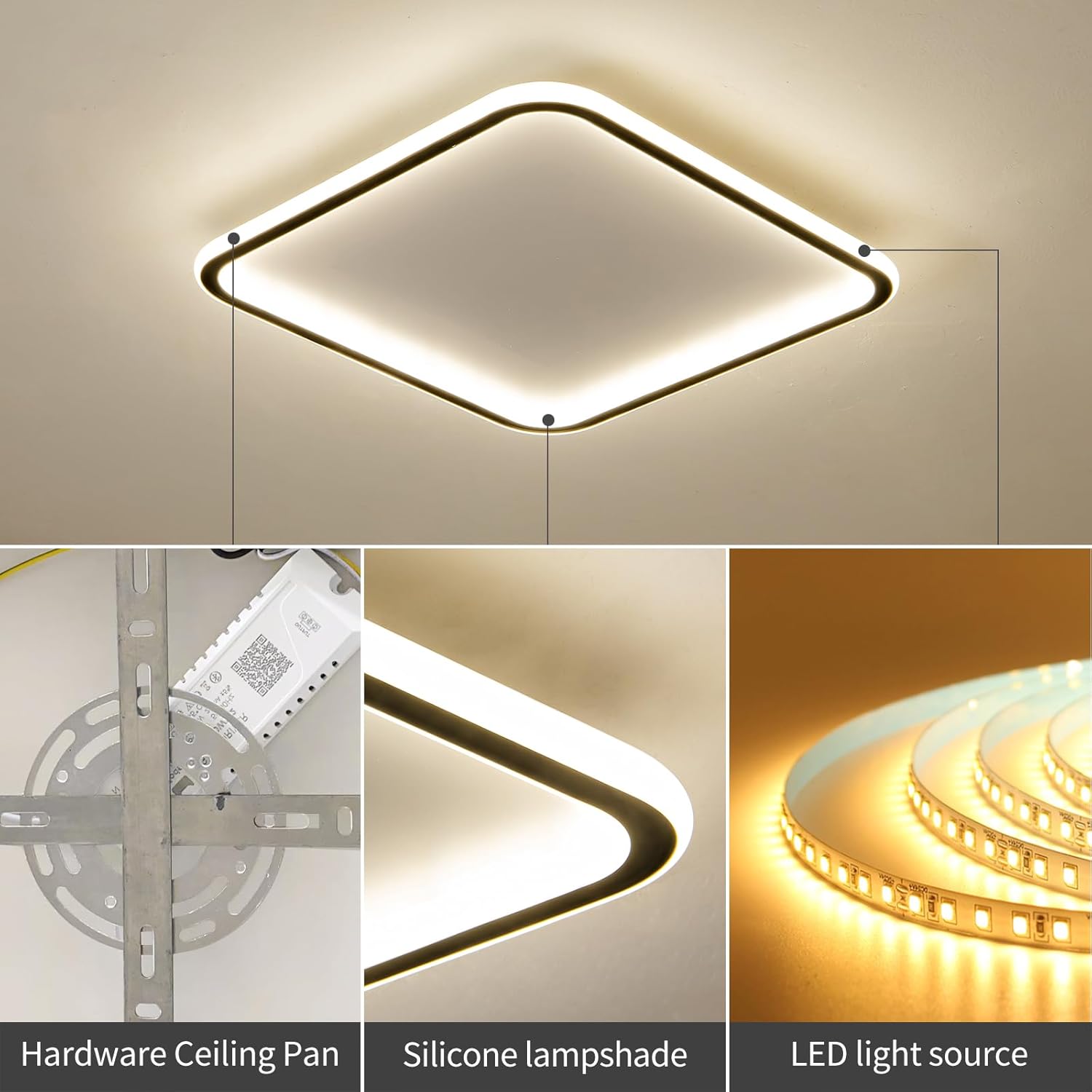 Modern Ceiling Lights，19.6 Inch Flush Mount CeilingLight, Square LED Ceiling Light Fixtures, Thin Modern CeilingLamp, Close to Ceiling Lights for Bedroom, Living Room, 3 Color Temperature Selectable
