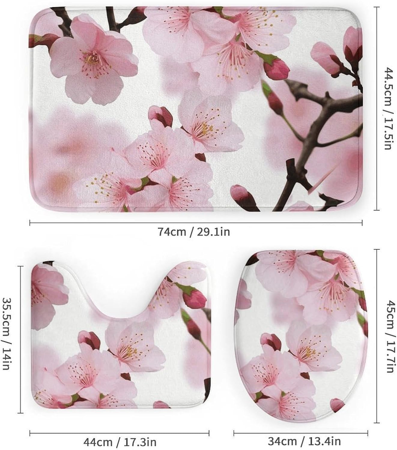 Cherry Japanese Cherry Blossom Shower Curtain Set 4 Piece, Non-Slip Bath Mat with Toilet Lid Cover and Waterproof Shower Curtain with 12 Hooks, Complete Bathroom Set for Home Decor