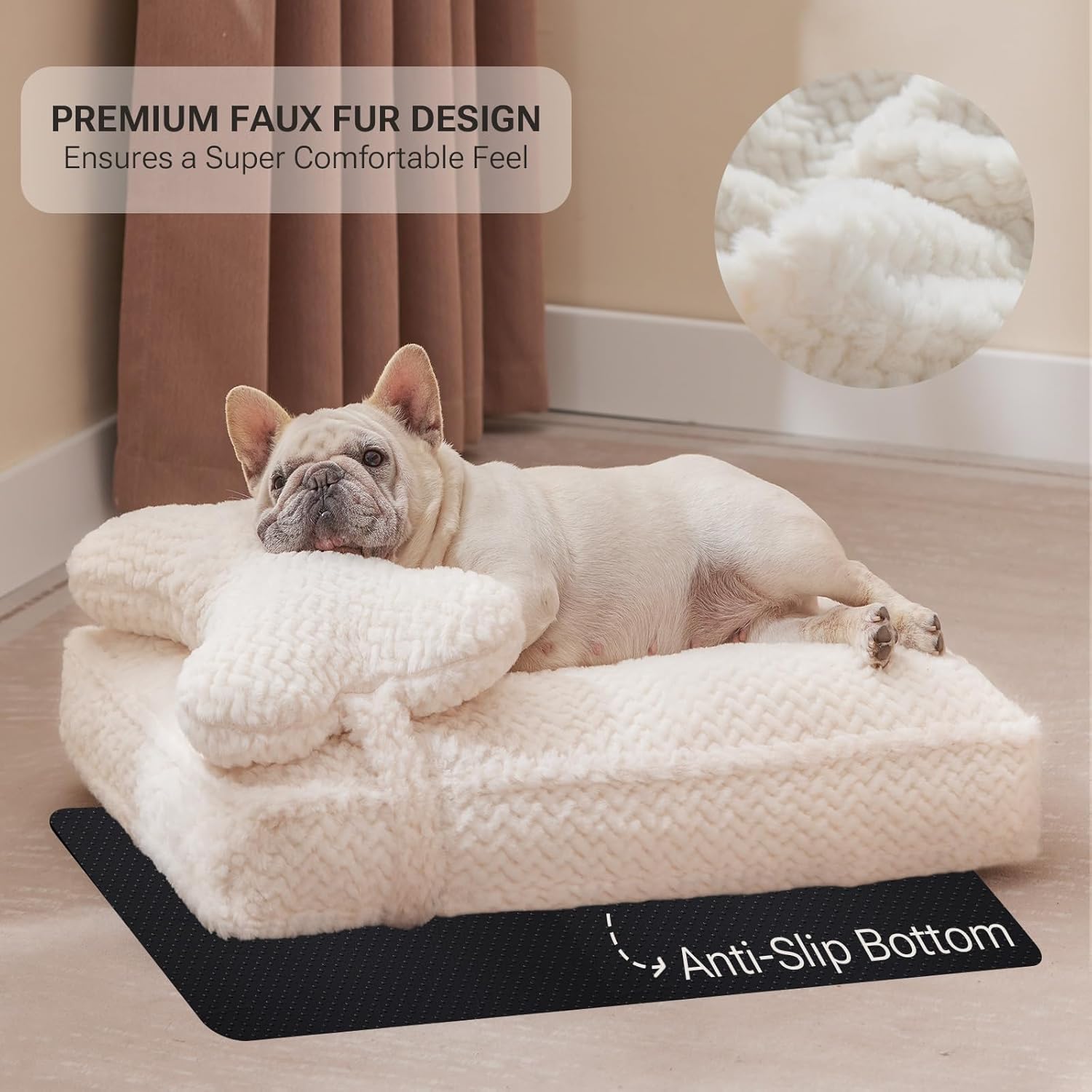 Soft Touch Faux Fur Dog Bed for Medium Size Dogs 6.5" Extra Thick, Orthopedic Pet Bed with Waterproof Liner and Washable Cover, with Removable Cute Pillow, Cream Color