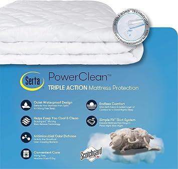 SERTA Power Clean Triple Action Quilted Soft Waterproof Mattress Pad Protector, Moisture Wicking Protection with 15 Deep Pocket, Twin, White
