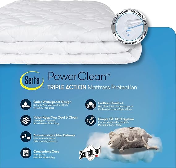 SERTA Power Clean Triple Action Quilted Soft Waterproof Mattress Pad Protector, Moisture Wicking Protection with 15 Deep Pocket, Twin, White