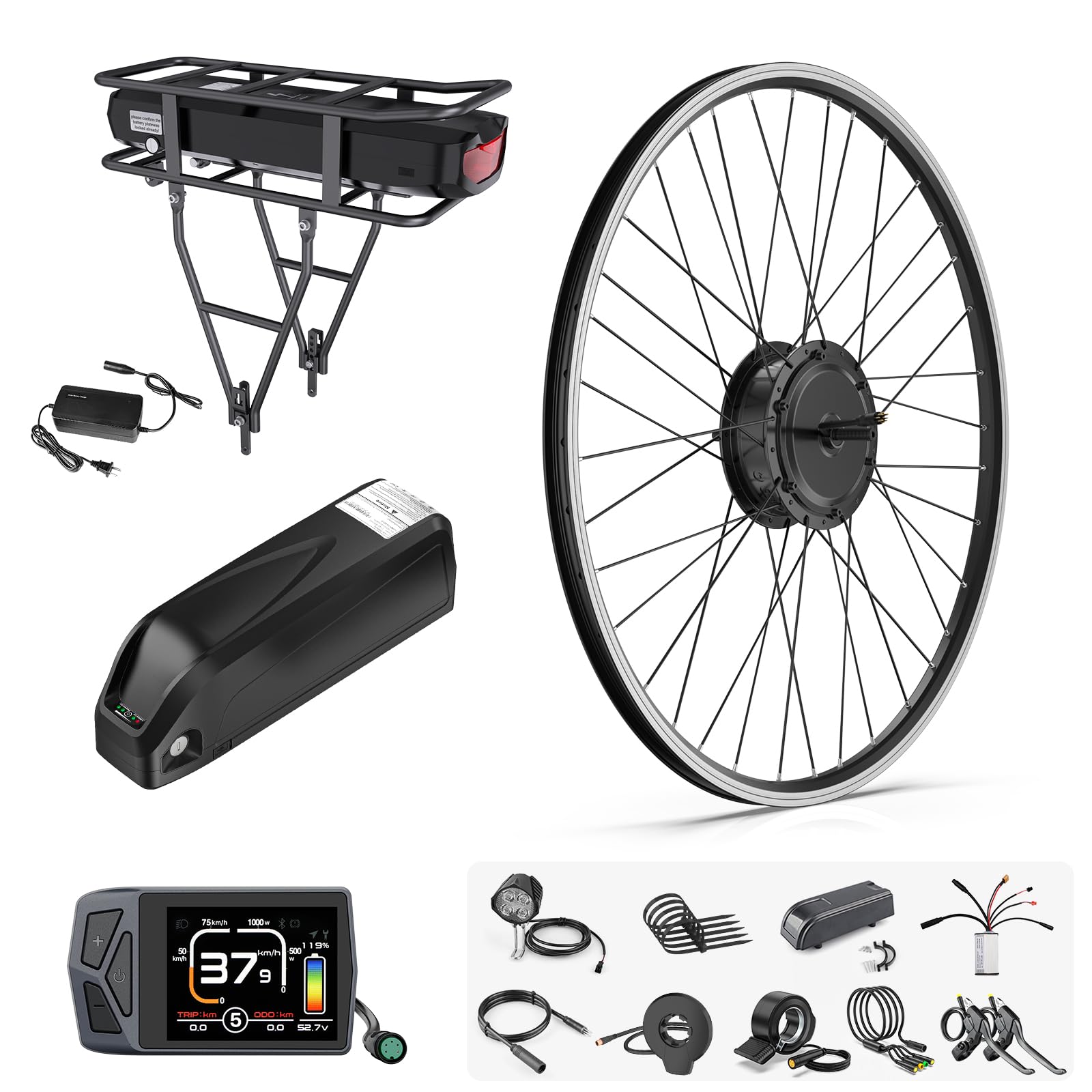 48V500W Front Hub Motor Kit 26"/700C Front Wheel Electric Bike Conversion kit Ebike Conversion Kit with Battery& Display(Optional)