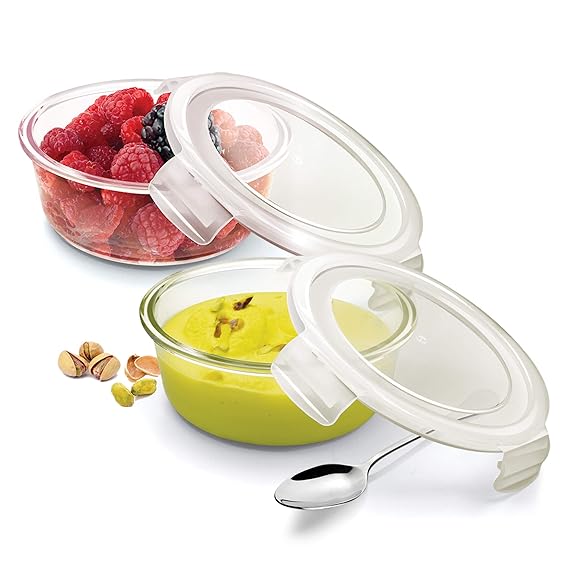 Treo By Milton Store Fresh Round Glass Storage Container Set, 380 ml, Set of 2, Transparent
