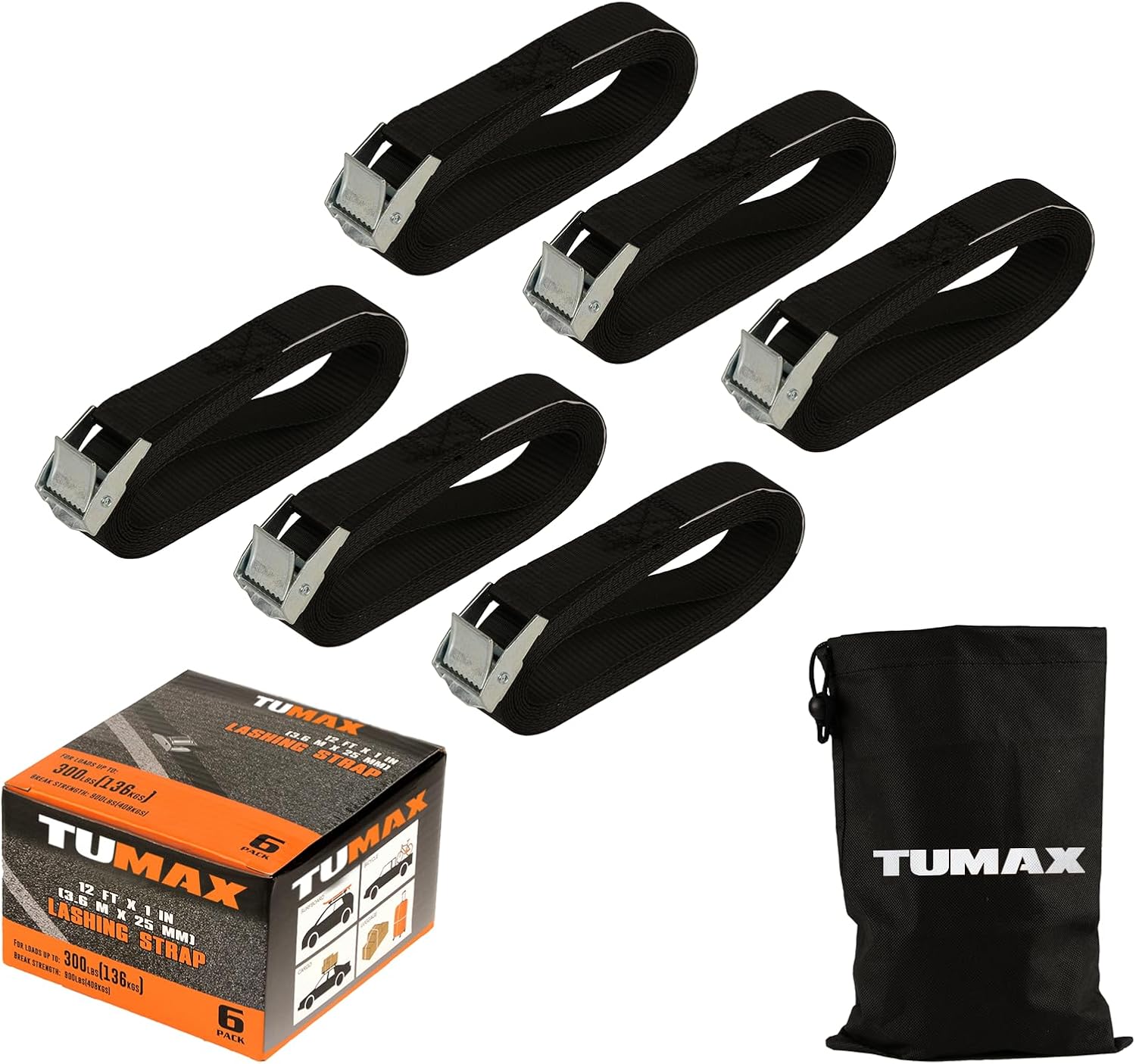 6-Pack 1" x 12FT Cam Buckle Tie Down Straps, 900lbs Capacity Lashing Straps for Securing Cargo, Kayak, Canoe, Motorcycle, Bike, Truck and Luggage (Black)