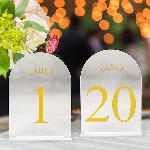 Miniatura 29 de JOYIT Números de mesa de boda de arco del 1 al 30 con soportes: letreros acrílicos impresos de doble cara de 5 x 7 pulgadas con fondo negro y texto