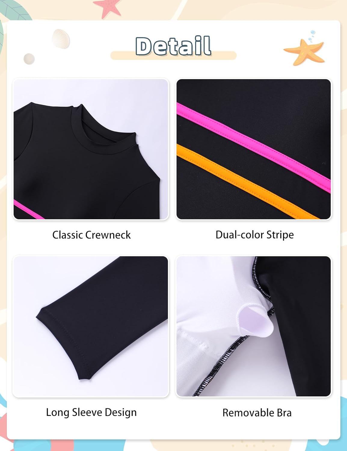 Girls Rash Guard Swimsuit Long Sleeve Dual-Color Stripe Modest Top with Swim Bottoms Bathing Suits for Girls 7-16Y