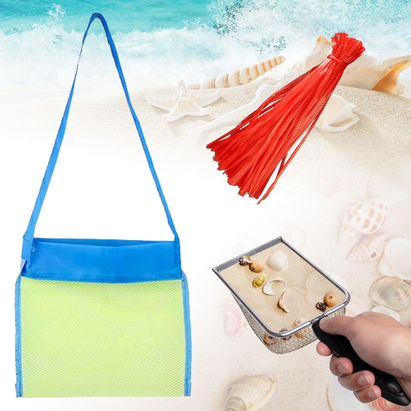 Set De Playa Para Niños – Pala Coladora De Acero Inoxidable Con Bolsa De Malla Para Conchas, Ajustable Y Resistente