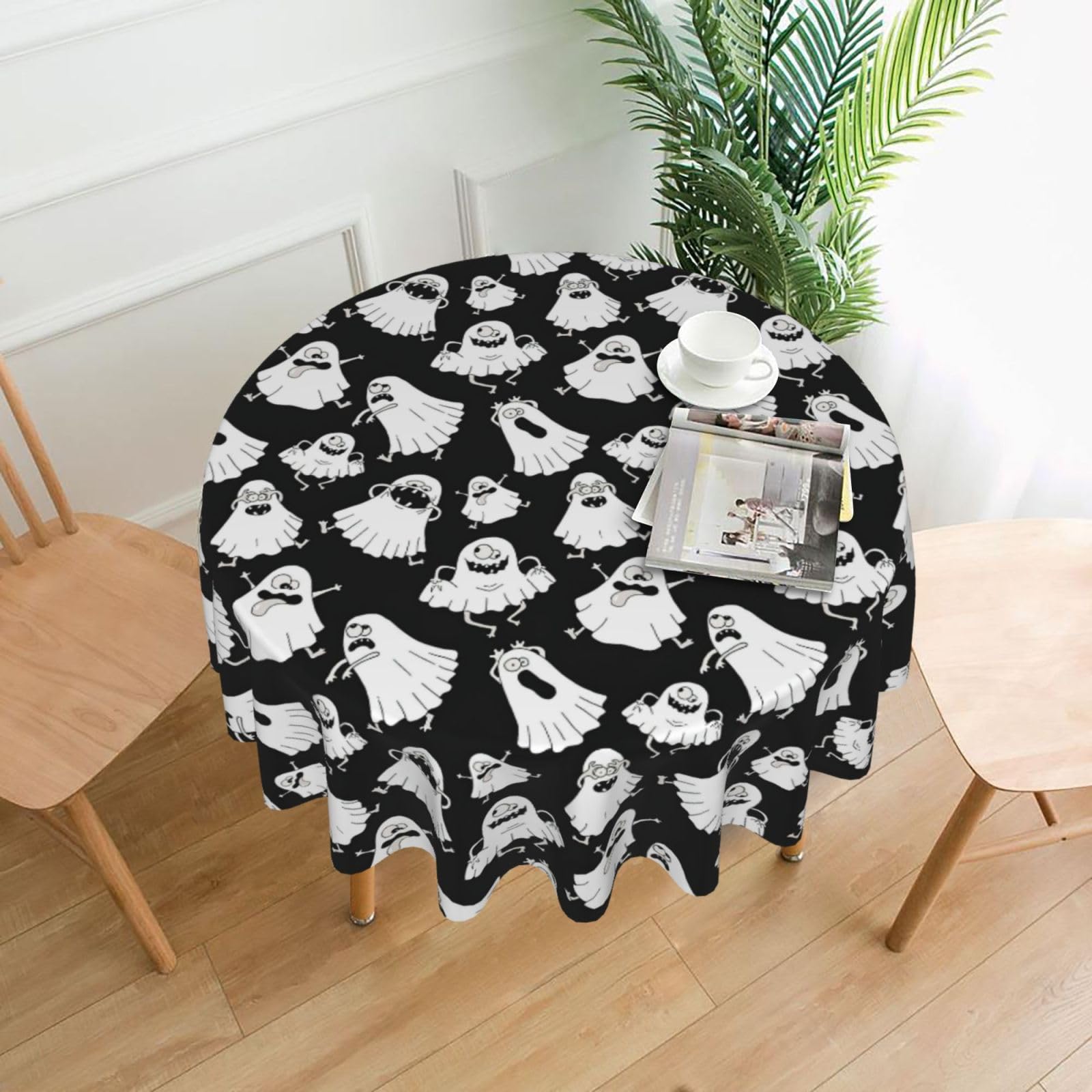 VCzsdff Funny White Ghost Print Stain Resistant Round Tablecloth 60in Family Friendly Polyester Cloth for Kids Meals