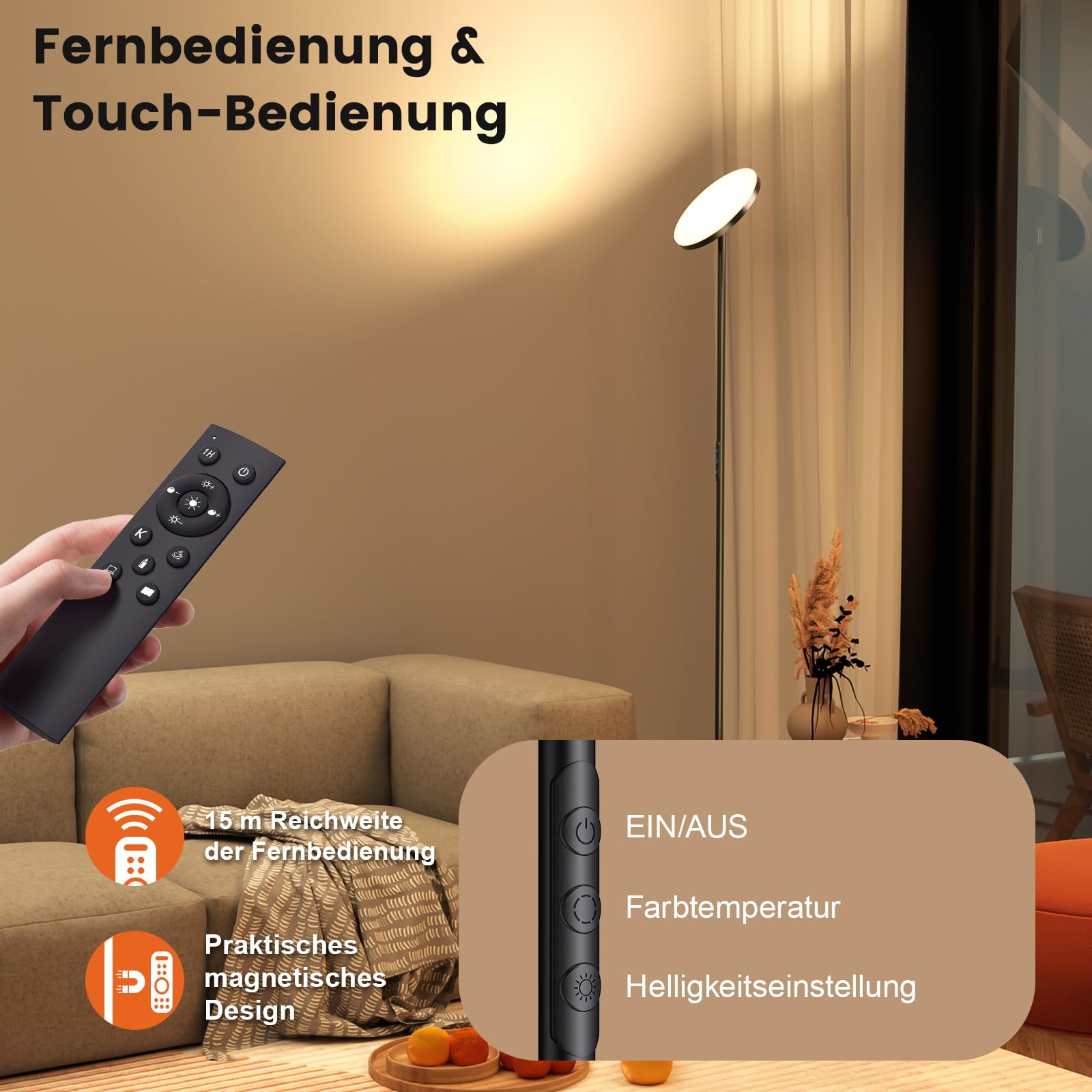Uplighter LED Stehleuchten für Wohnzimmer, 36W superhelle Torchiere Standleuchte mit Fernbedienung, Touch-Control, 175 cm dimmbare moderne hohe Leuchte mit Timer für Schlafzimmer, Büro, Ecke, Schwarz