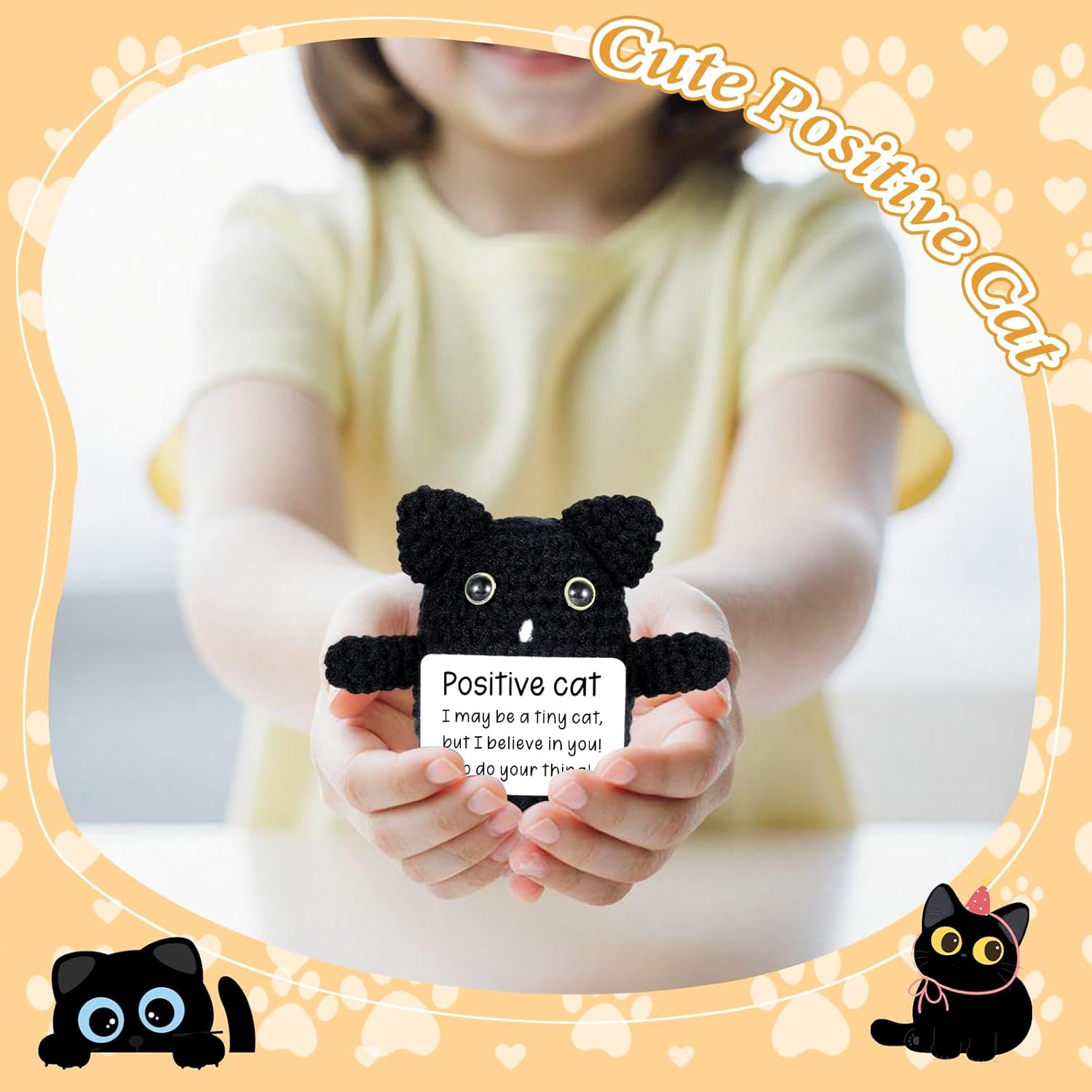 Valentines Day Gifts for Teen Girls Boys Women Men, Black Cat Emotional Support Crochet, Positive Crochet Black Cat Gifts, Birthday Gift for Women Men Friends, Easter Basket Stuffers for Son Daughter - Image 5