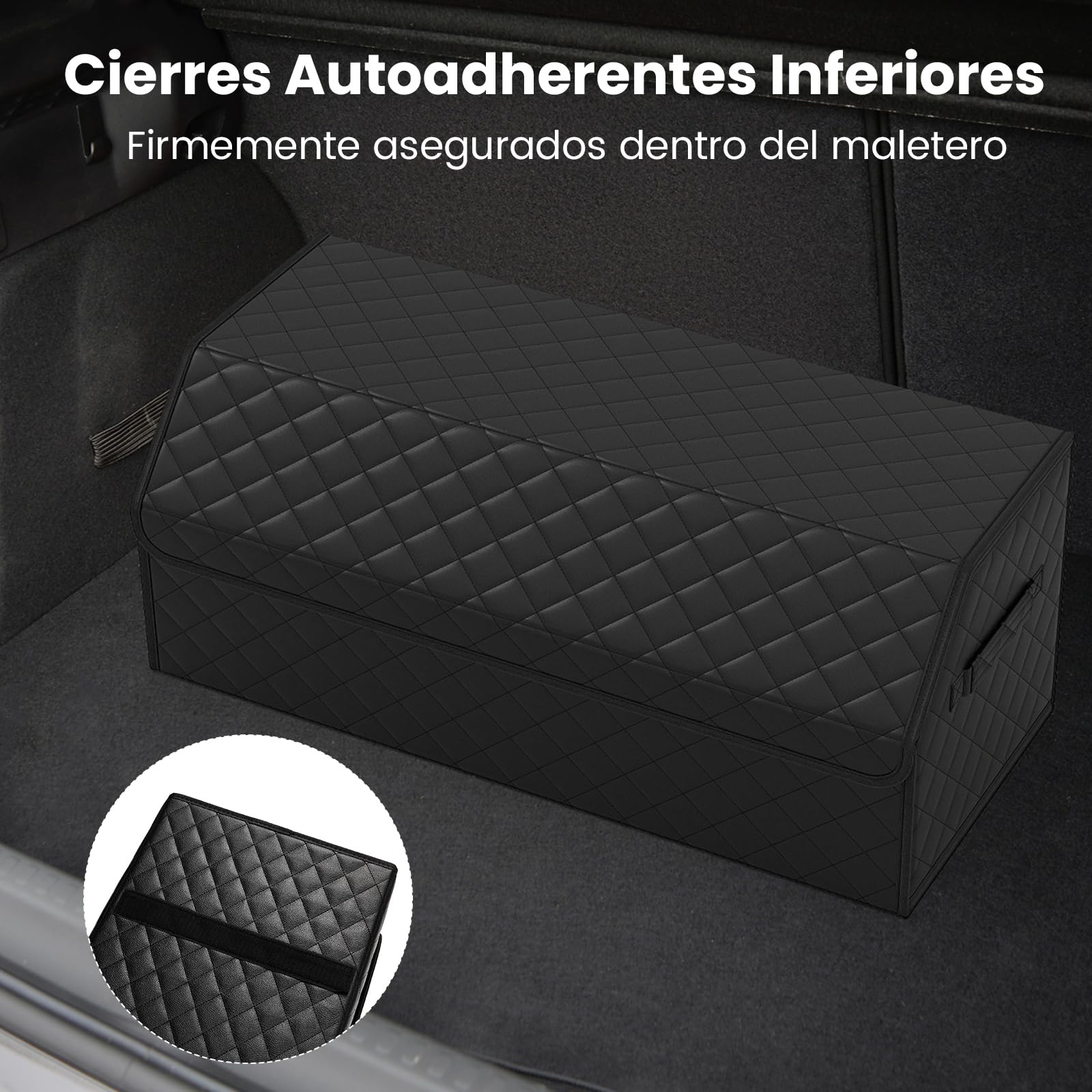 COSTWAY Organizador de Maletero de Coche de Cuero con Tapa, Caja de Almacenamiento Plegable con Divisor Extraíble y Gran Capacidad para SUV, Sedán, Camping y Hogar (51 L,Negra Superficie Acolchada)